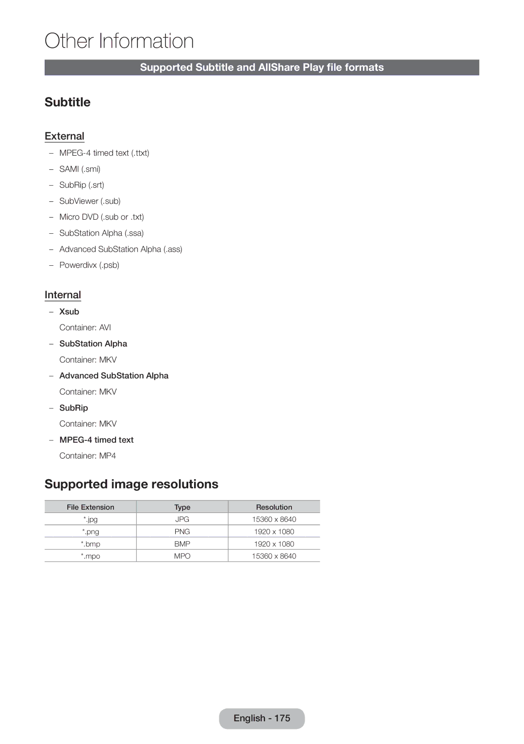 Samsung LT23B551EW/EN, LT27B551EW/EN manual Supported Subtitle and AllShare Play file formats, External, Internal 