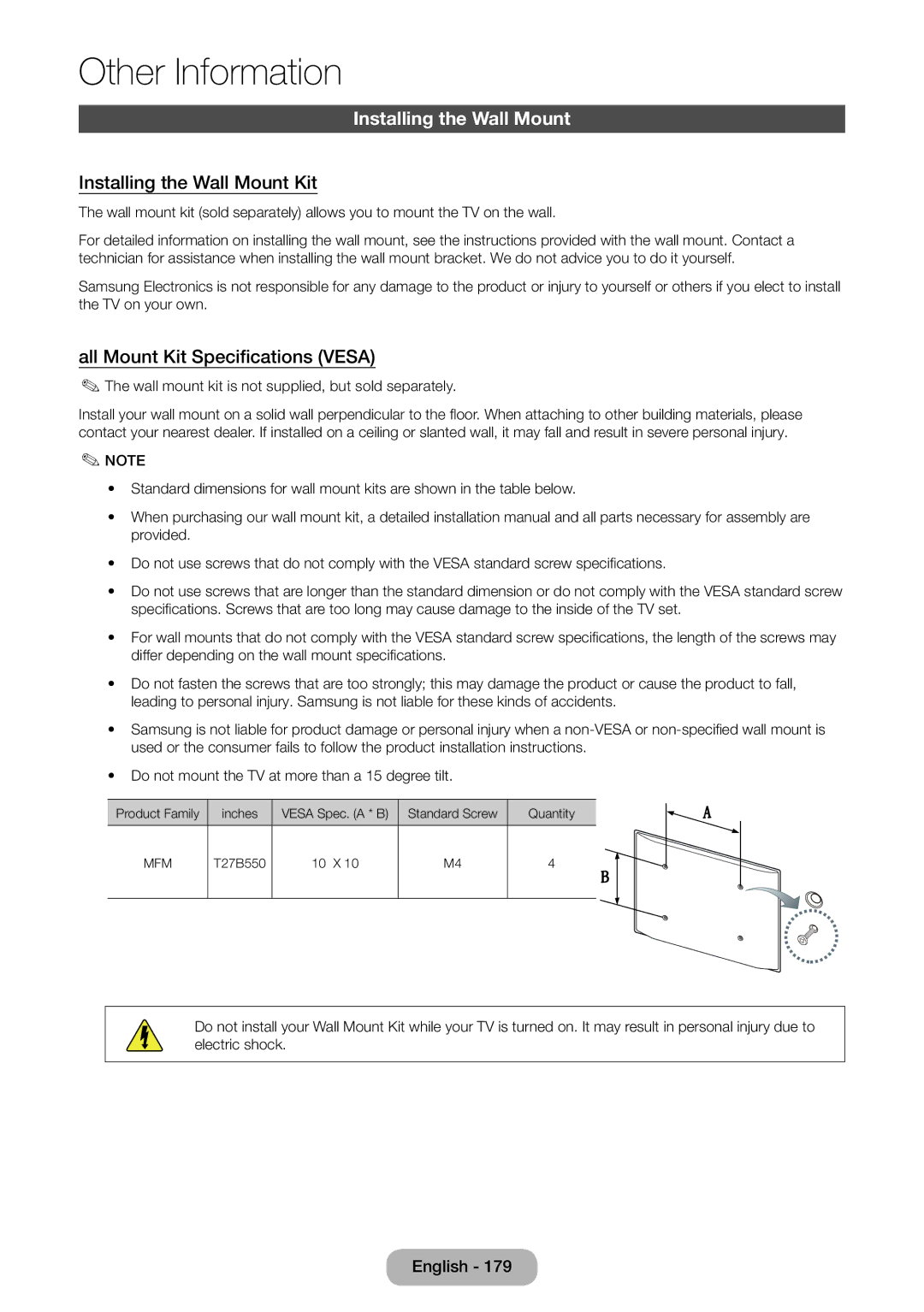 Samsung LT23B551EW/EN, LT27B551EW/EN manual Installing the Wall Mount Kit, All Mount Kit Specifications Vesa 