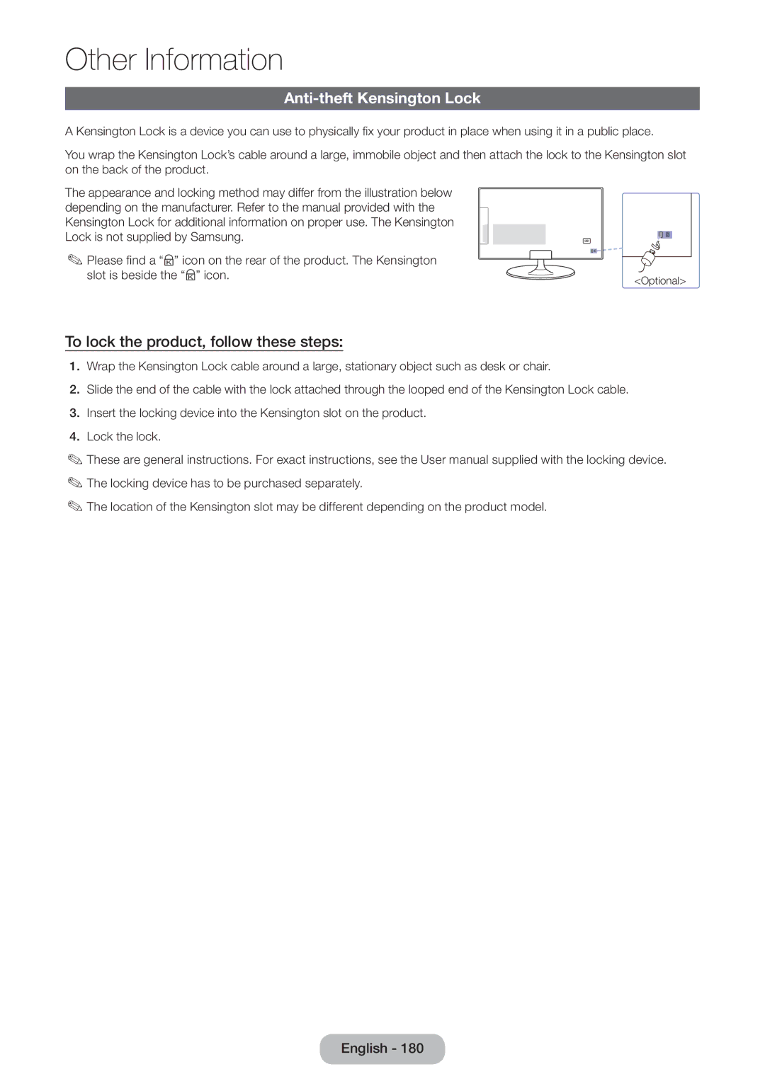 Samsung LT27B551EW/EN, LT23B551EW/EN manual Anti-theft Kensington Lock, To lock the product, follow these steps 