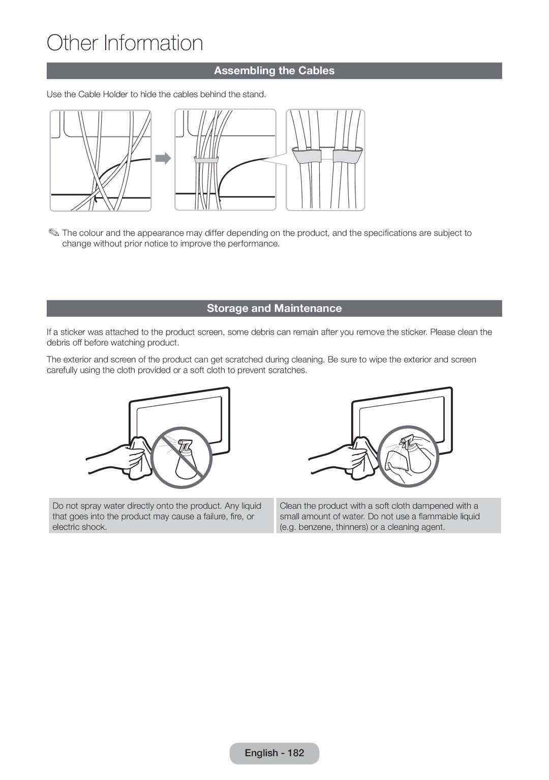 Samsung LT27B551EW/EN, LT23B551EW/EN manual Assembling the Cables, Storage and Maintenance 