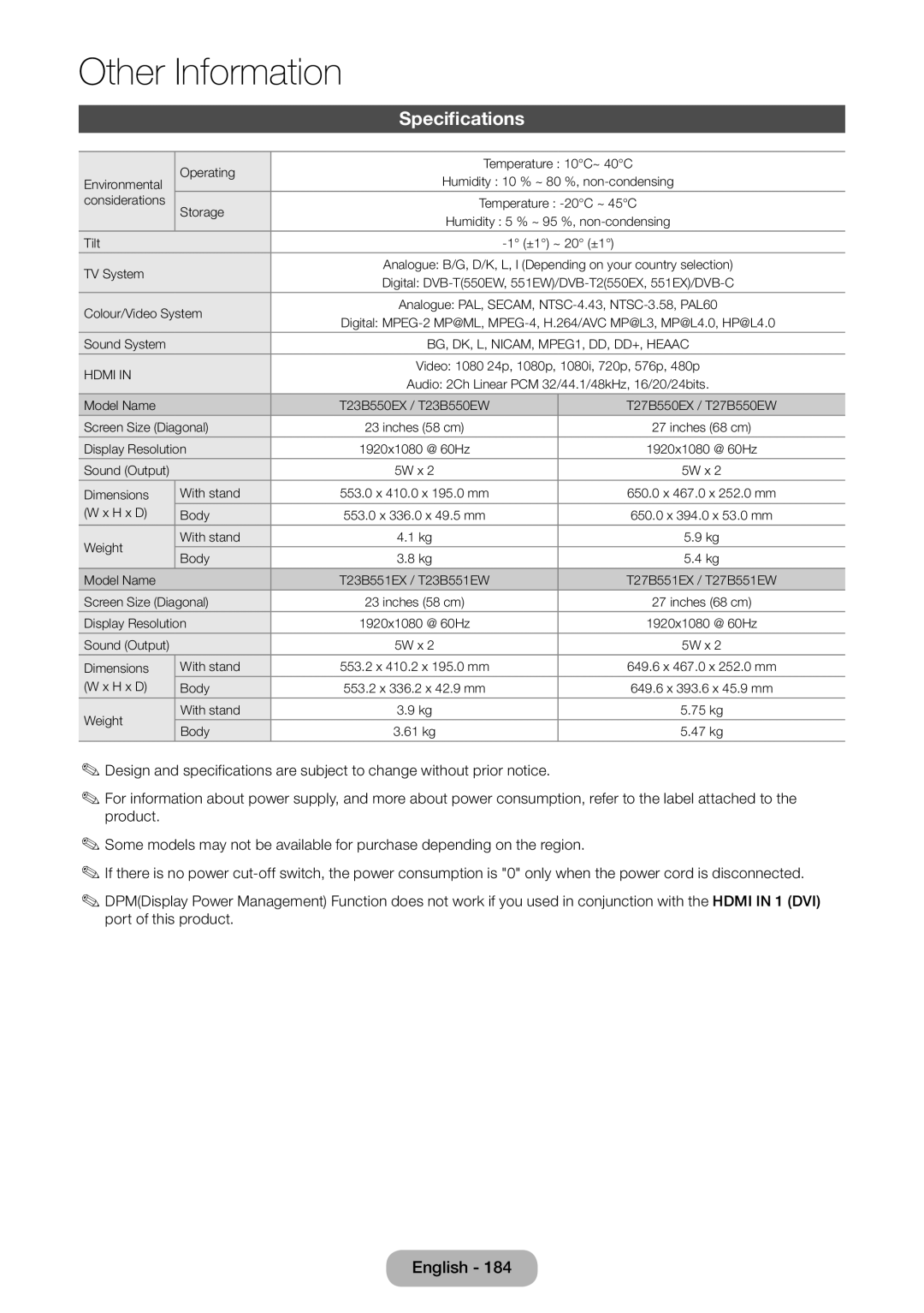 Samsung LT27B551EW/EN, LT23B551EW/EN manual Specifications, TV System 