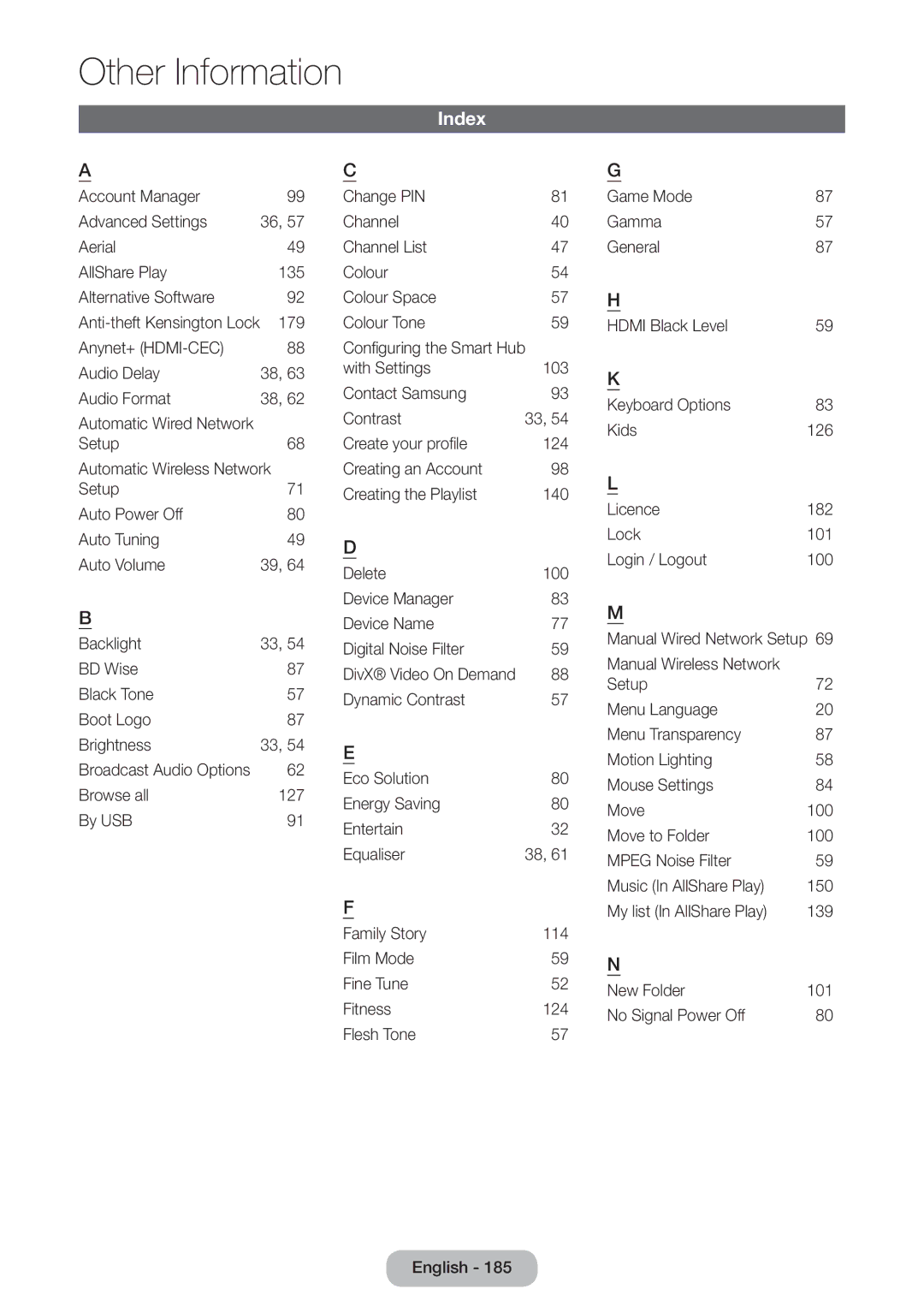 Samsung LT23B551EW/EN, LT27B551EW/EN manual Index, 57 H, 59 N 