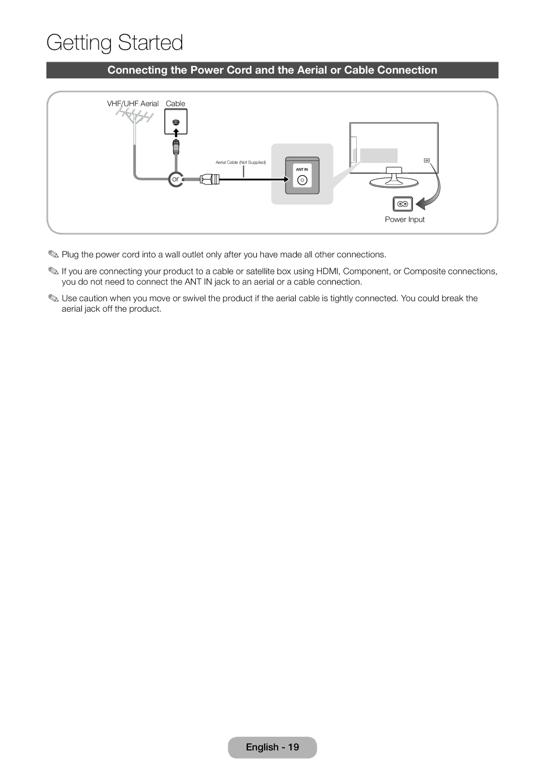 Samsung LT23B551EW/EN, LT27B551EW/EN manual Connecting the Power Cord and the Aerial or Cable Connection 