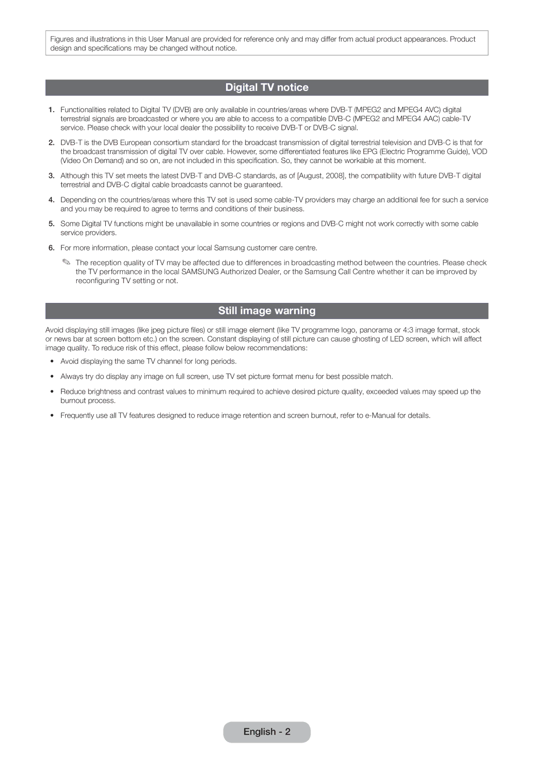 Samsung LT27B551EW/EN, LT23B551EW/EN manual Digital TV notice, Still image warning 