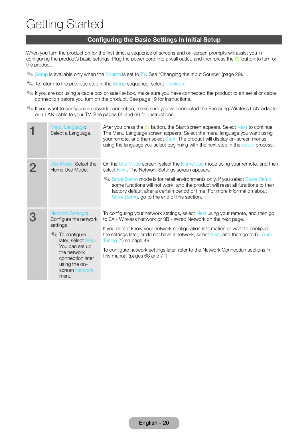 Samsung LT27B551EW/EN Configuring the Basic Settings in Initial Setup, Menu Language, Home Use Mode, Network Settings 