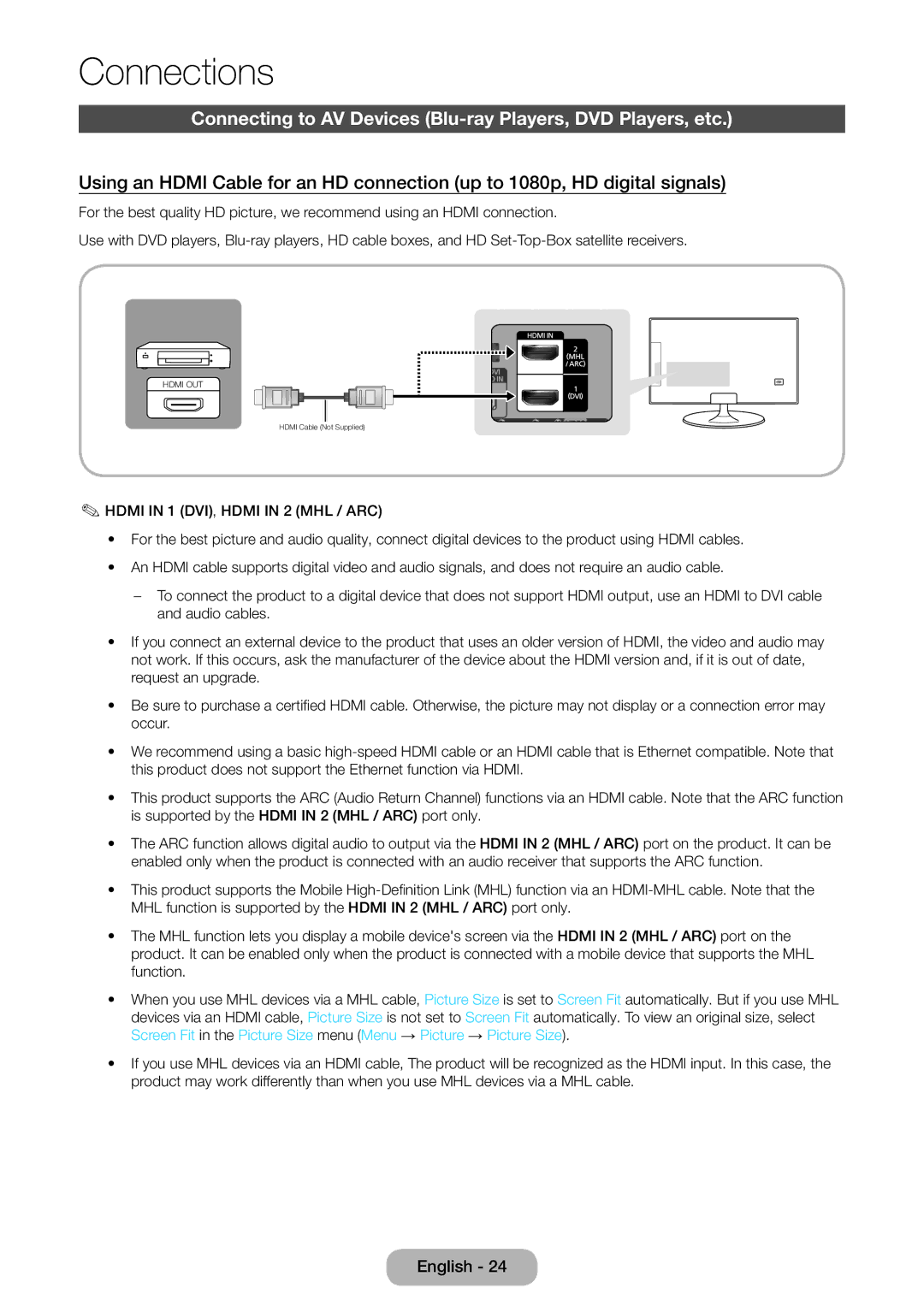 Samsung LT27B551EW/EN, LT23B551EW/EN manual Connections, Connecting to AV Devices Blu-ray Players, DVD Players, etc 