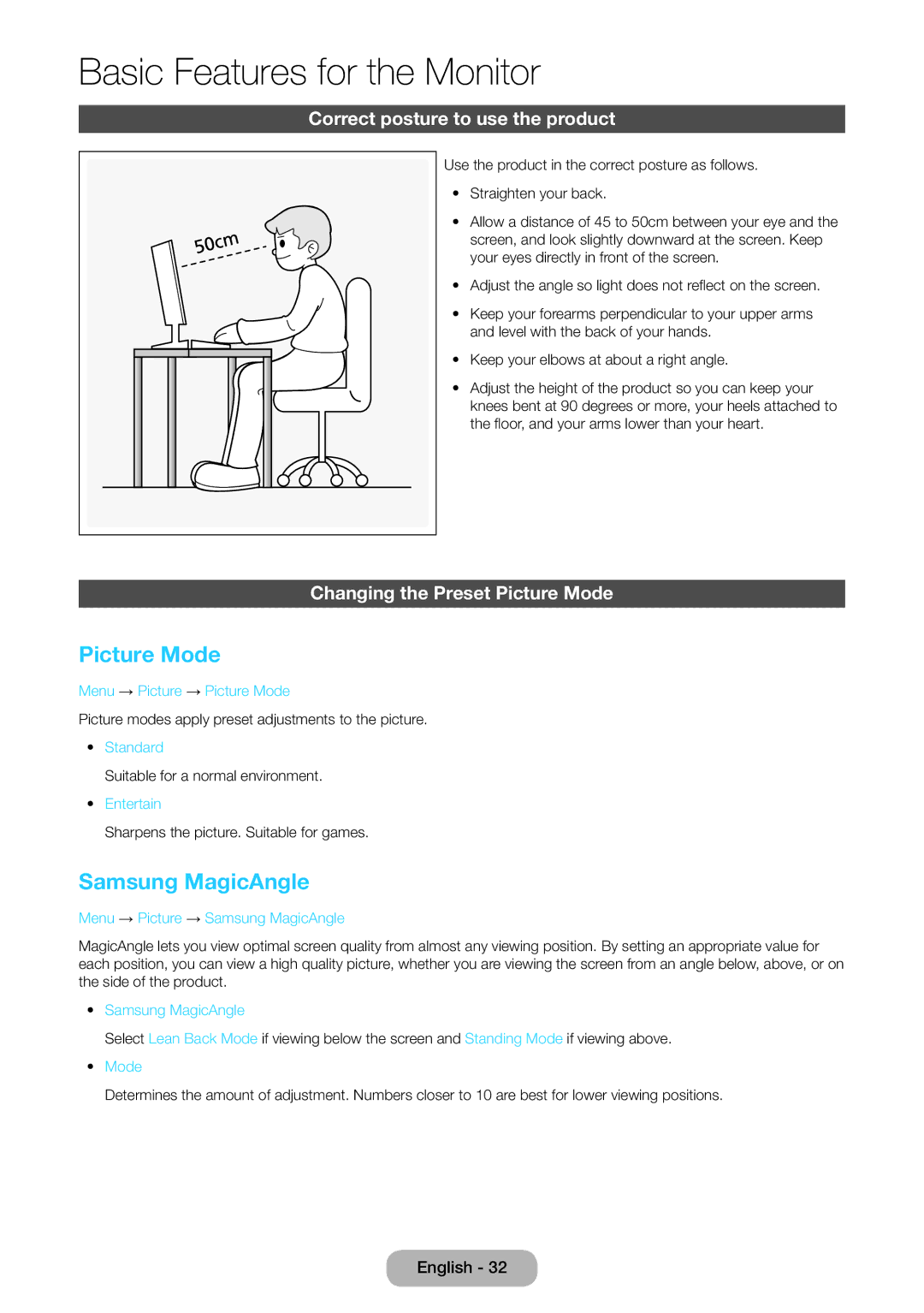 Samsung LT27B551EW/EN, LT23B551EW/EN manual Picture Mode, Samsung MagicAngle, Correct posture to use the product 