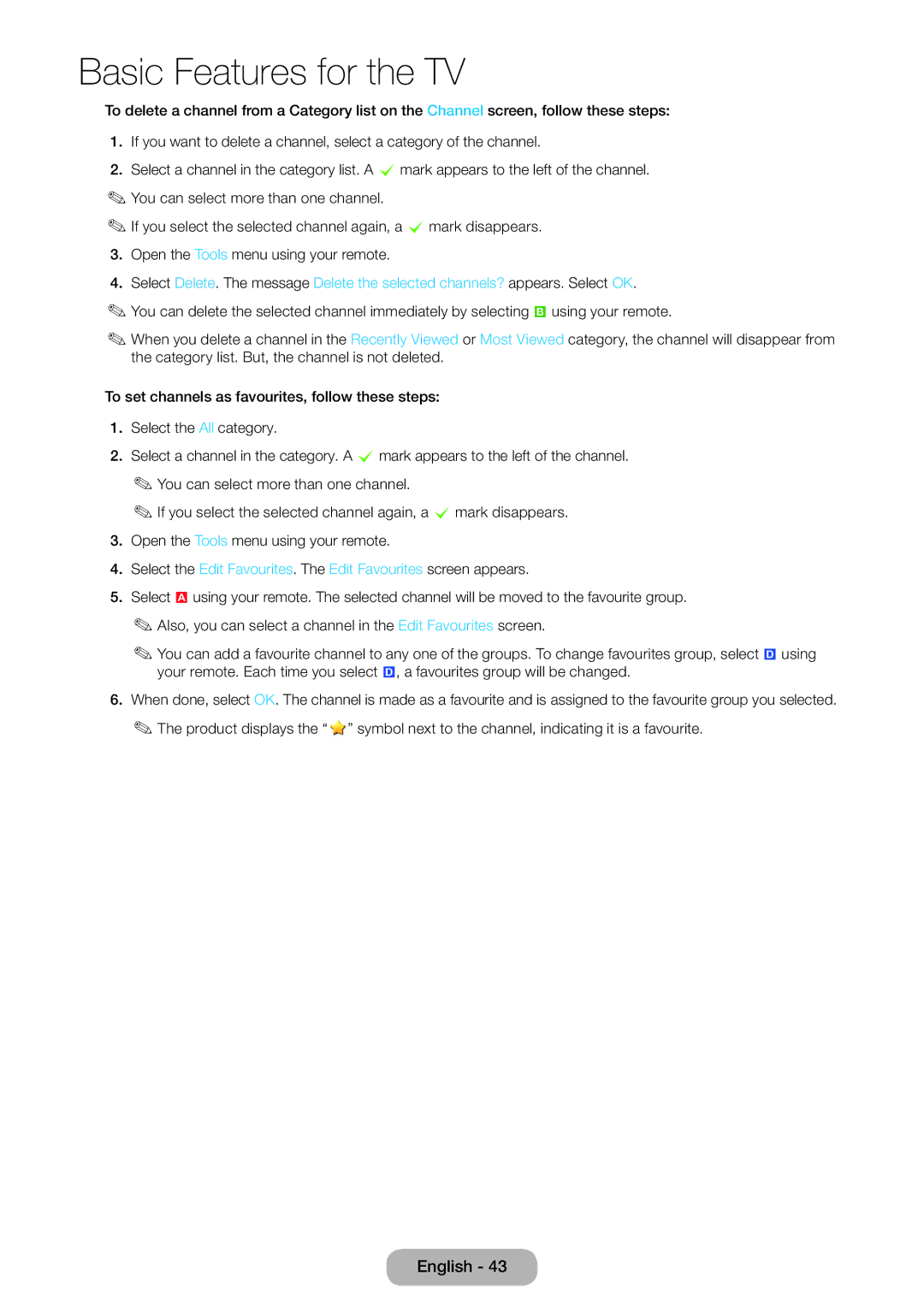 Samsung LT23B551EW/EN, LT27B551EW/EN manual Basic Features for the TV 