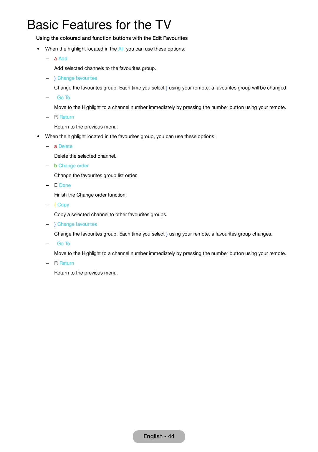 Samsung LT27B551EW/EN, LT23B551EW/EN manual Add, Change favourites, Go To, Change order, Done, Copy 