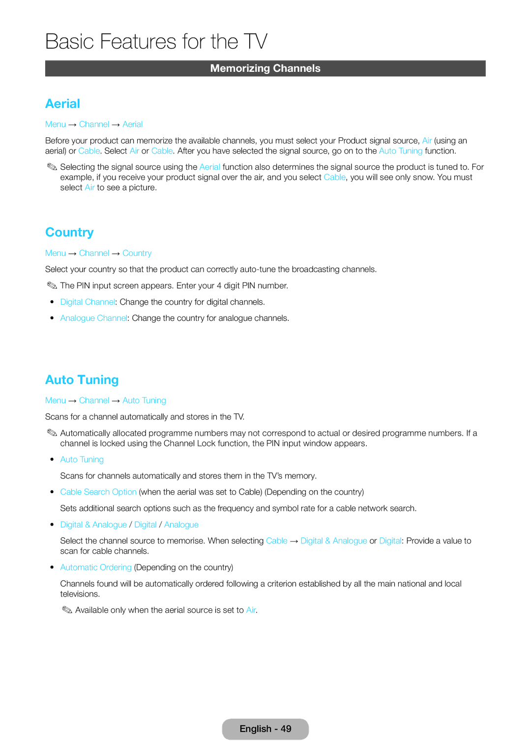 Samsung LT23B551EW/EN, LT27B551EW/EN manual Aerial, Country, Auto Tuning, Memorizing Channels 