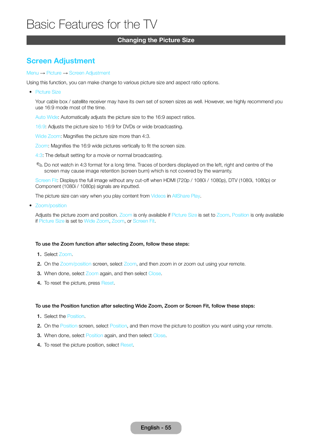 Samsung LT23B551EW/EN, LT27B551EW/EN manual Changing the Picture Size, Zoom/position 