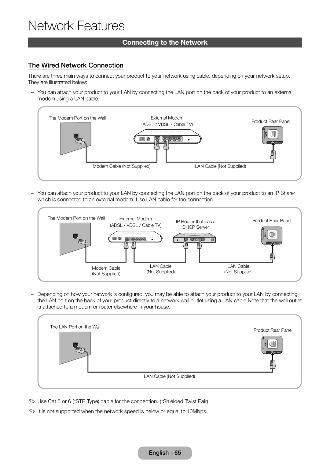 Samsung LT23B551EW/EN, LT27B551EW/EN manual Connecting to the Network, Wired Network Connection 