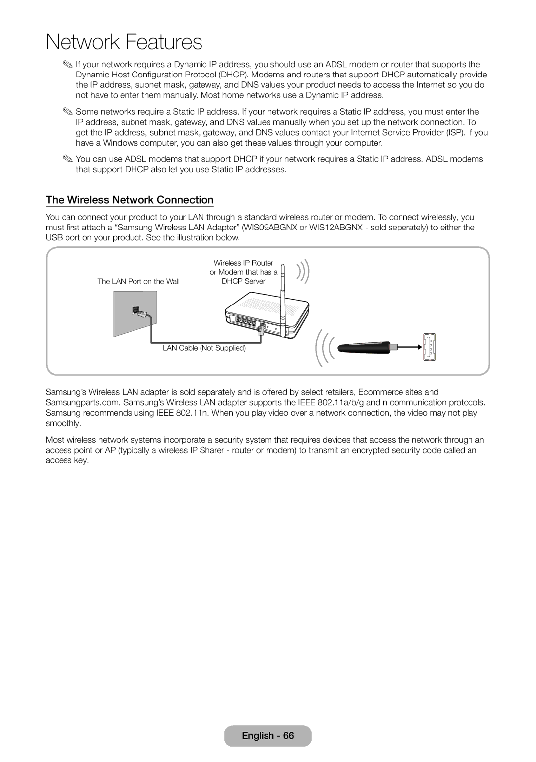 Samsung LT27B551EW/EN, LT23B551EW/EN manual Wireless Network Connection 