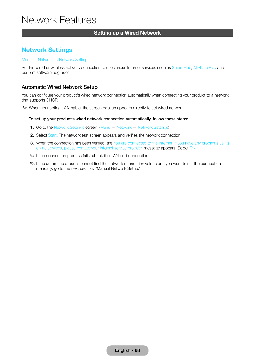 Samsung LT27B551EW/EN, LT23B551EW/EN manual Network Settings, Setting up a Wired Network, Automatic Wired Network Setup 