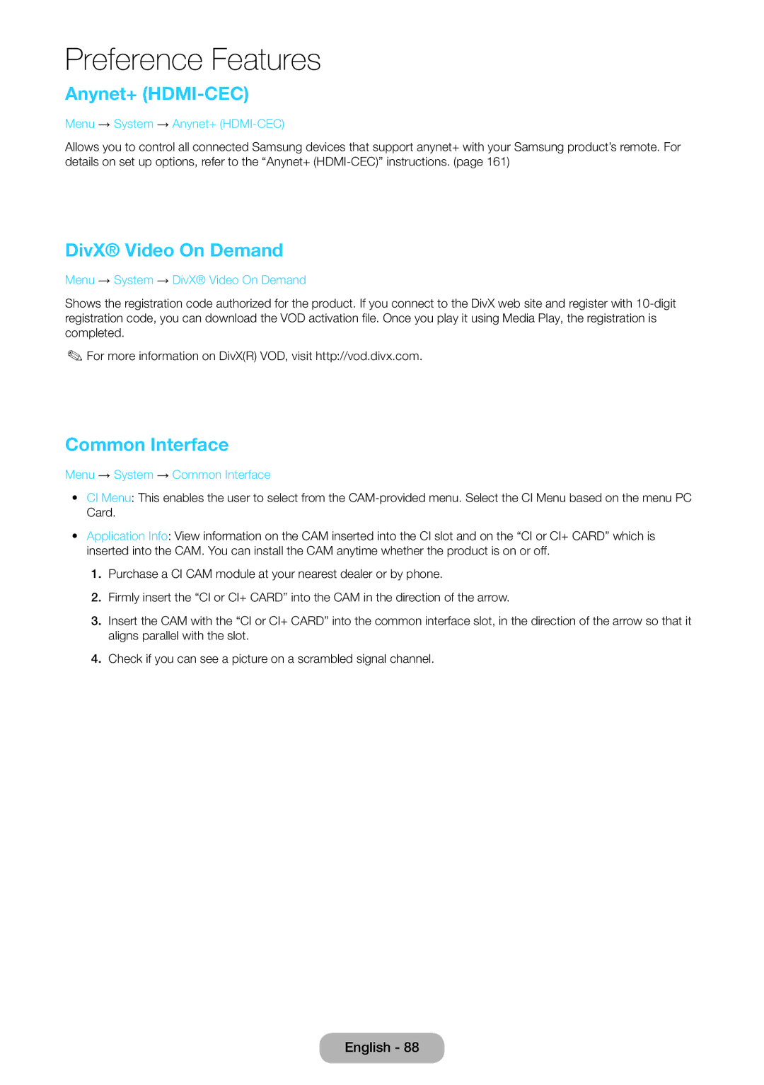 Samsung LT27B551EW/EN, LT23B551EW/EN manual Anynet+ HDMI-CEC, DivX Video On Demand, Common Interface 