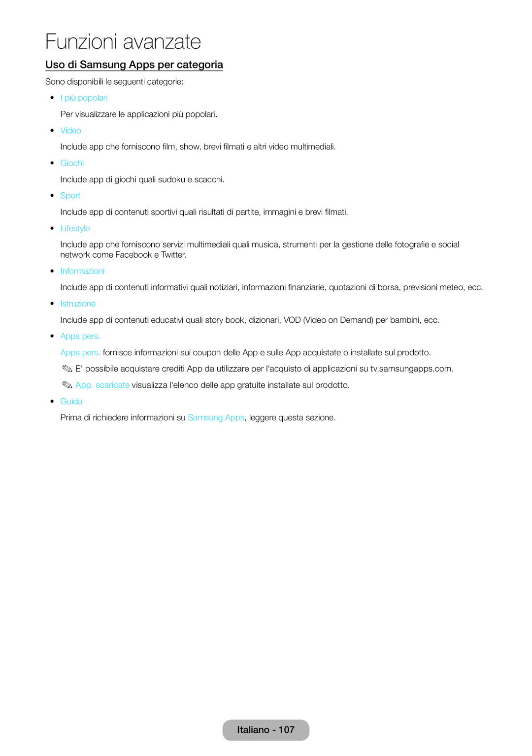 Samsung LT27B750EX/EN, LT27B750EW/EN manual Uso di Samsung Apps per categoria 