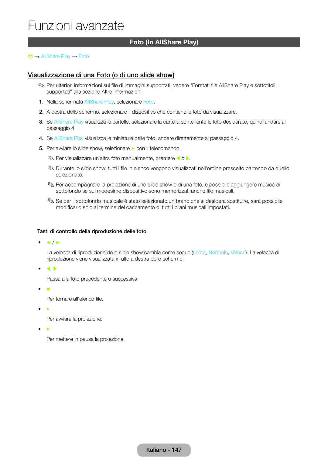 Samsung LT27B750EX/EN manual Foto In AllShare Play, Visualizzazione di una Foto o di uno slide show, → AllShare Play → Foto 