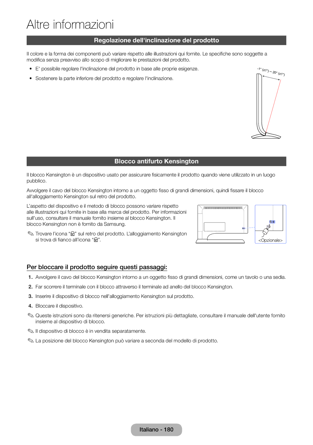 Samsung LT27B750EW/EN, LT27B750EX/EN manual Regolazione dellinclinazione del prodotto, Blocco antifurto Kensington 