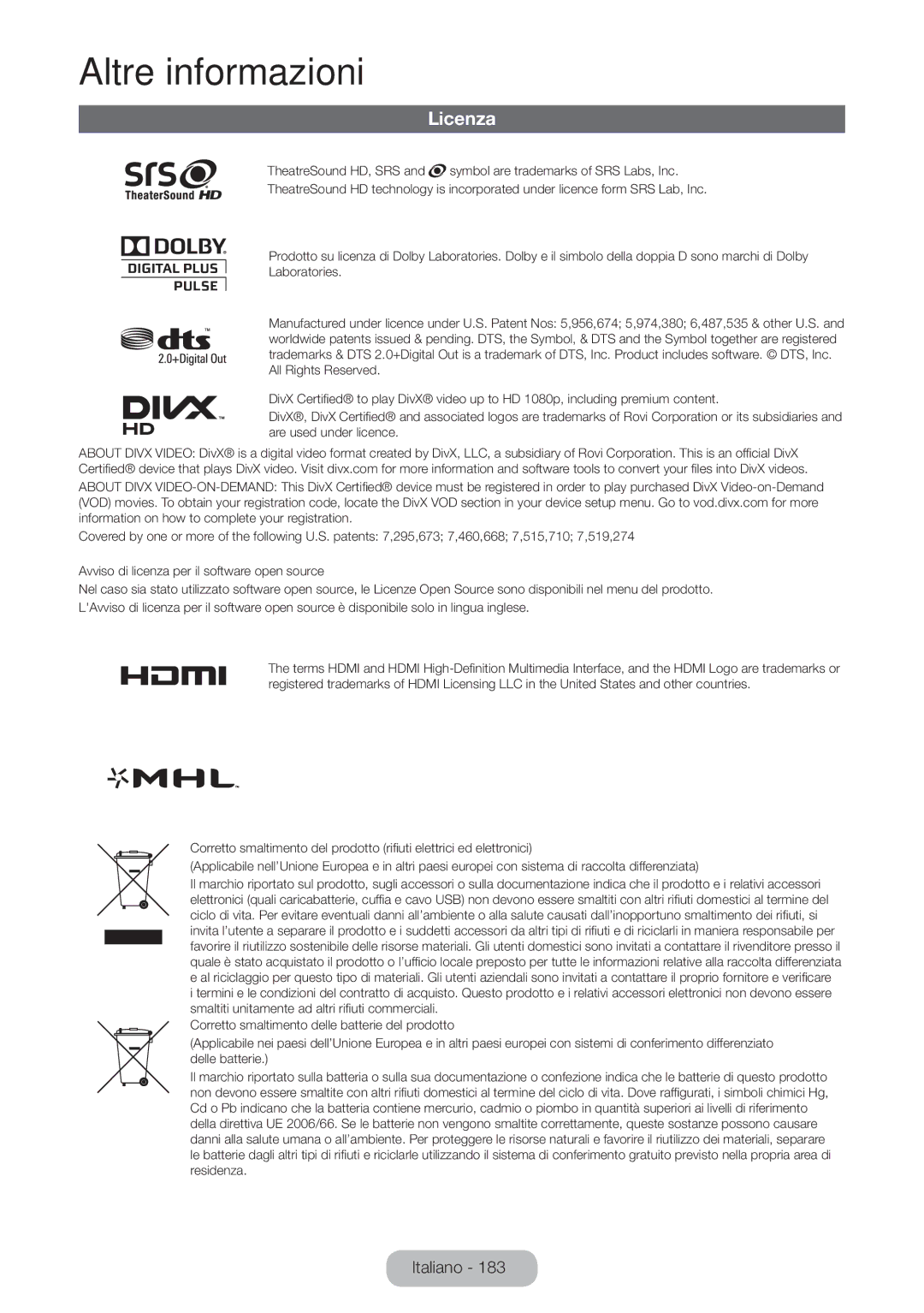 Samsung LT27B750EX/EN, LT27B750EW/EN manual Licenza 