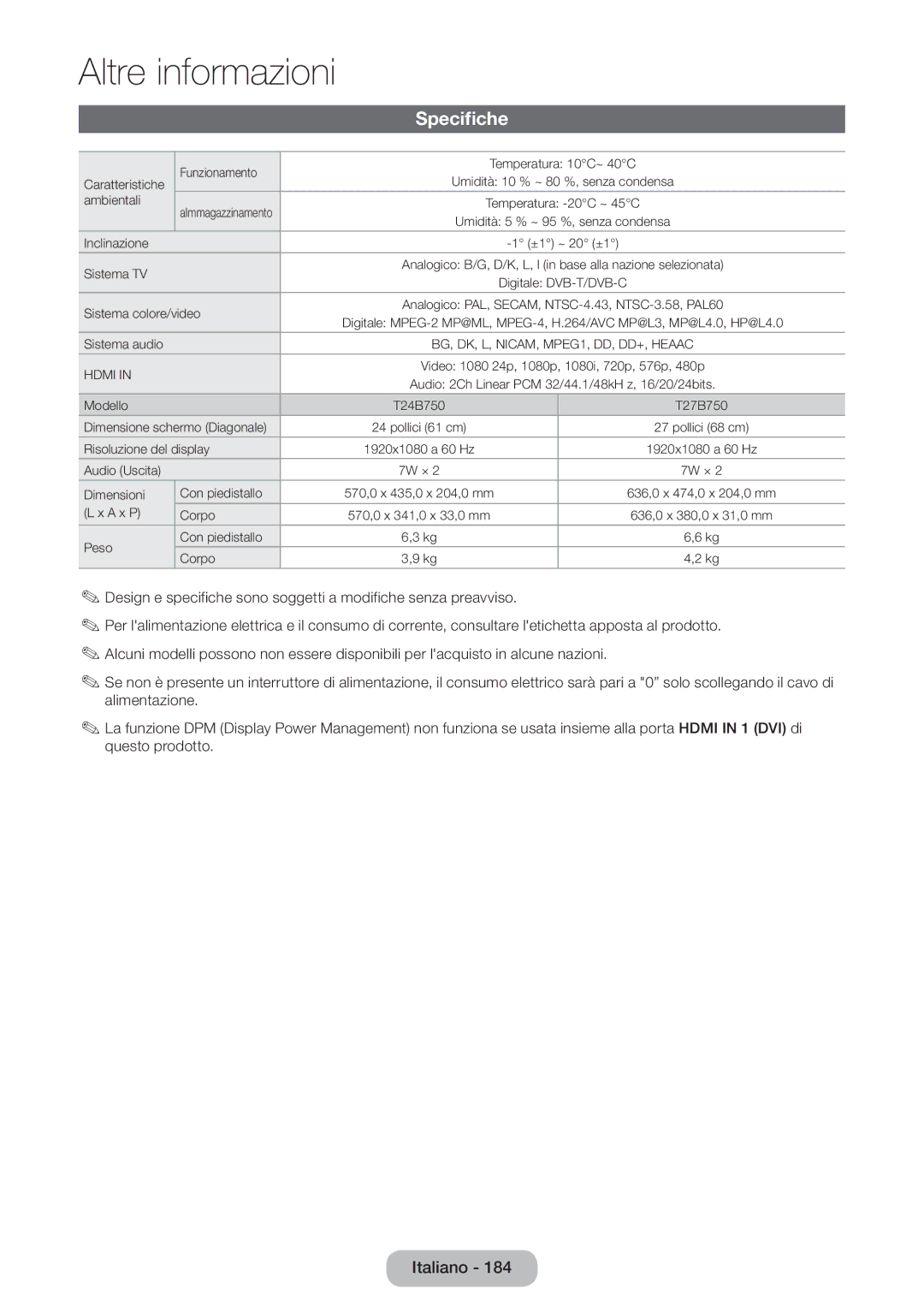 Samsung LT27B750EW/EN, LT27B750EX/EN manual Specifiche, Digitale DVB-T/DVB-C Sistema colore/video 