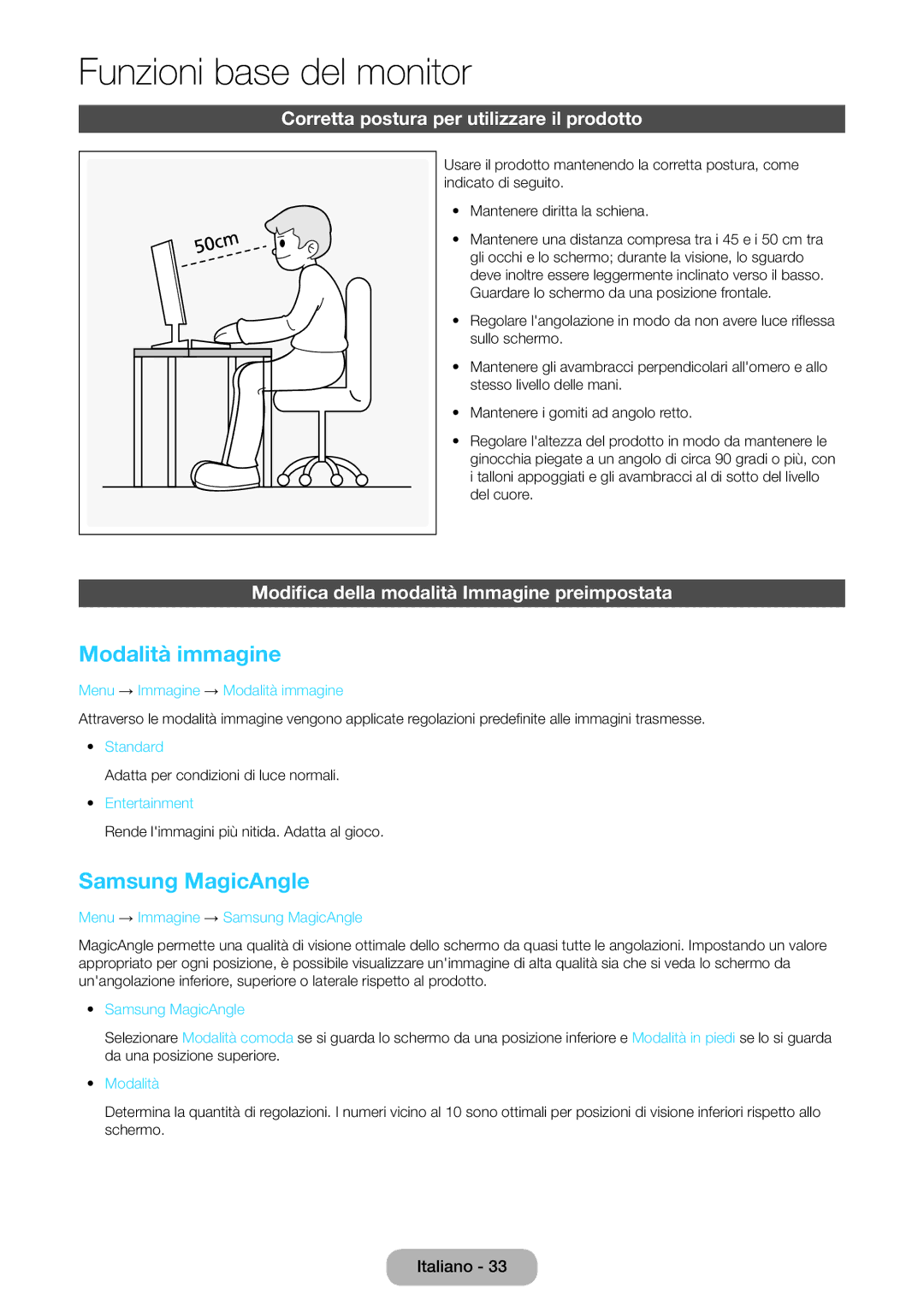 Samsung LT27B750EX/EN, LT27B750EW/EN Modalità immagine, Samsung MagicAngle, Corretta postura per utilizzare il prodotto 