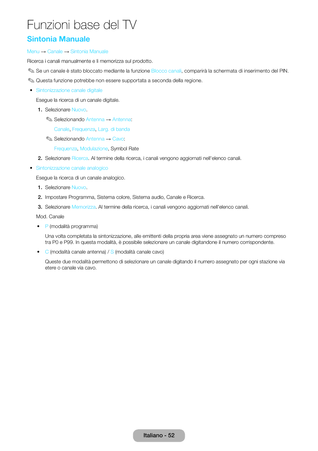 Samsung LT27B750EW/EN, LT27B750EX/EN manual Menu → Canale → Sintonia Manuale, Canale, Frequenza, Larg. di banda 