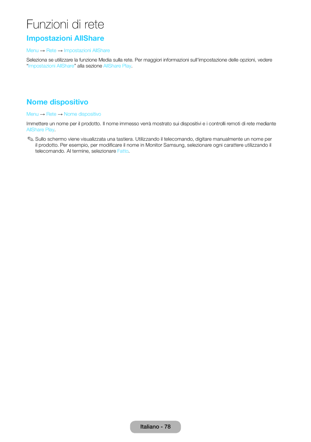 Samsung LT27B750EW/EN, LT27B750EX/EN manual Menu → Rete → Impostazioni AllShare, Menu → Rete → Nome dispositivo 