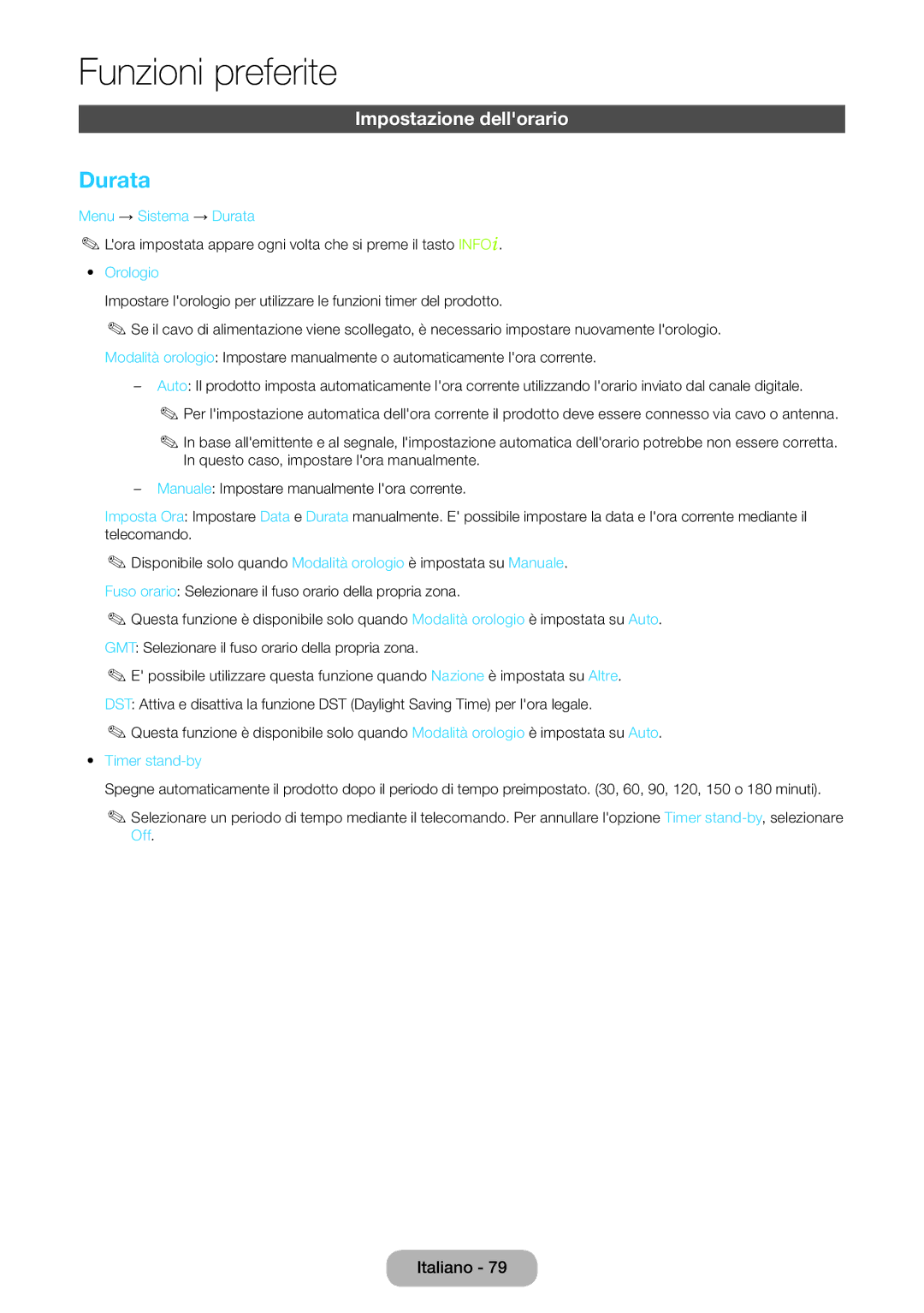 Samsung LT27B750EX/EN, LT27B750EW/EN manual Impostazione dellorario, Menu → Sistema → Durata, Orologio, Timer stand-by 