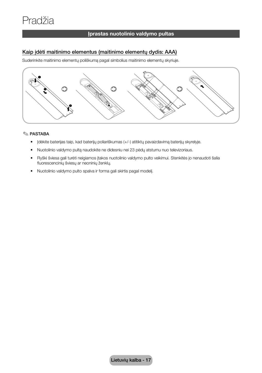 Samsung LT27B750EW/EN Įprastas nuotolinio valdymo pultas, Kaip įdėti maitinimo elementus maitinimo elementų dydis AAA 
