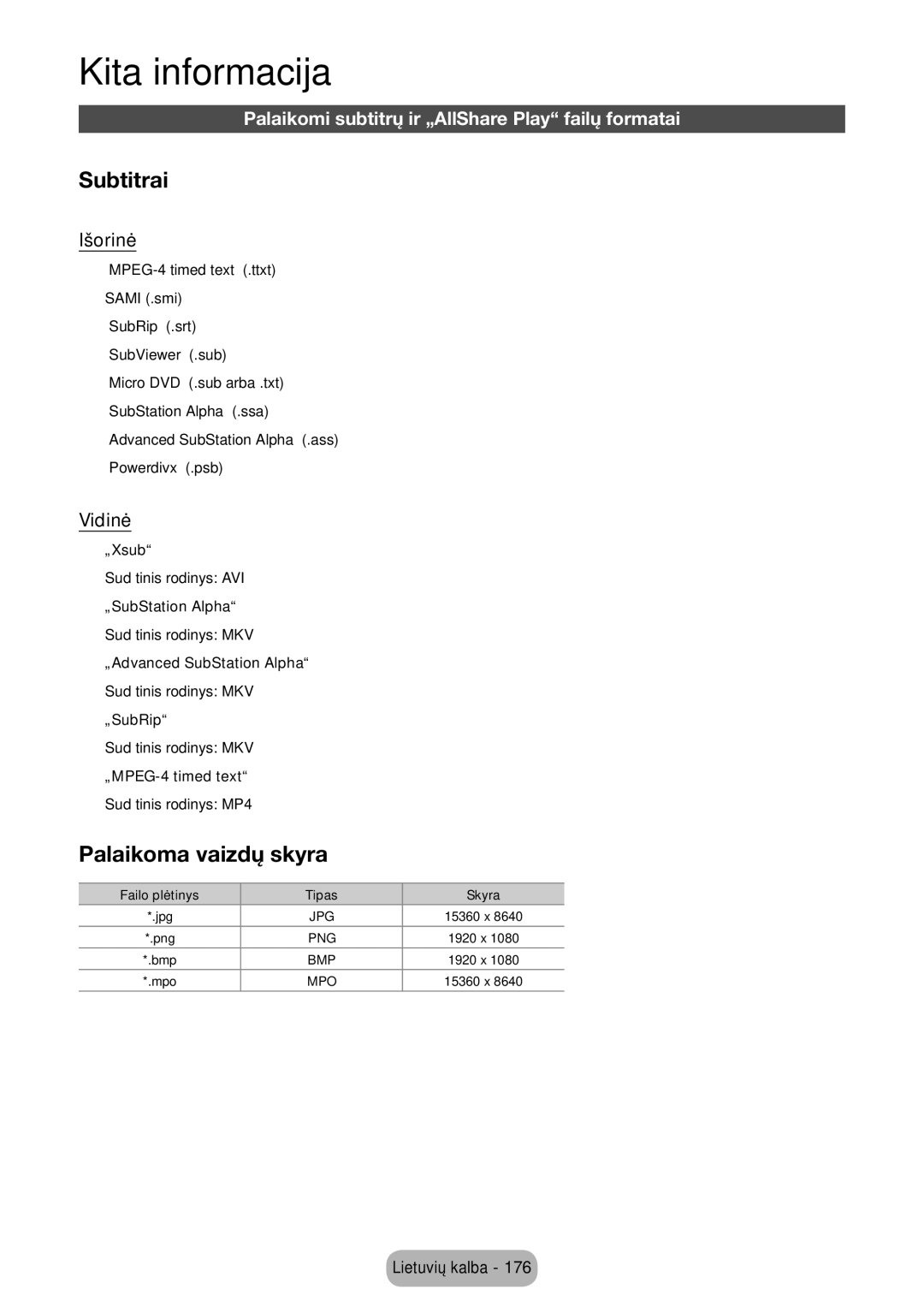 Samsung LT27B750EW/EN manual Palaikomi subtitrų ir „AllShare Play failų formatai, Išorinė, Vidinė 