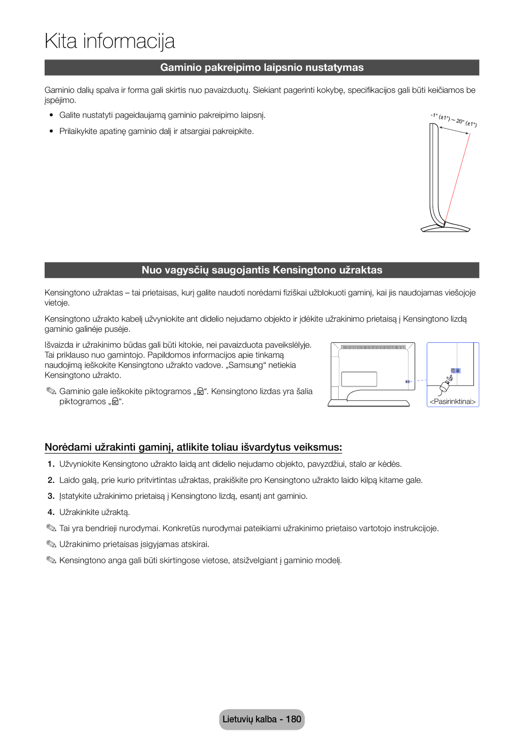 Samsung LT27B750EW/EN manual Gaminio pakreipimo laipsnio nustatymas, Nuo vagysčių saugojantis Kensingtono užraktas 