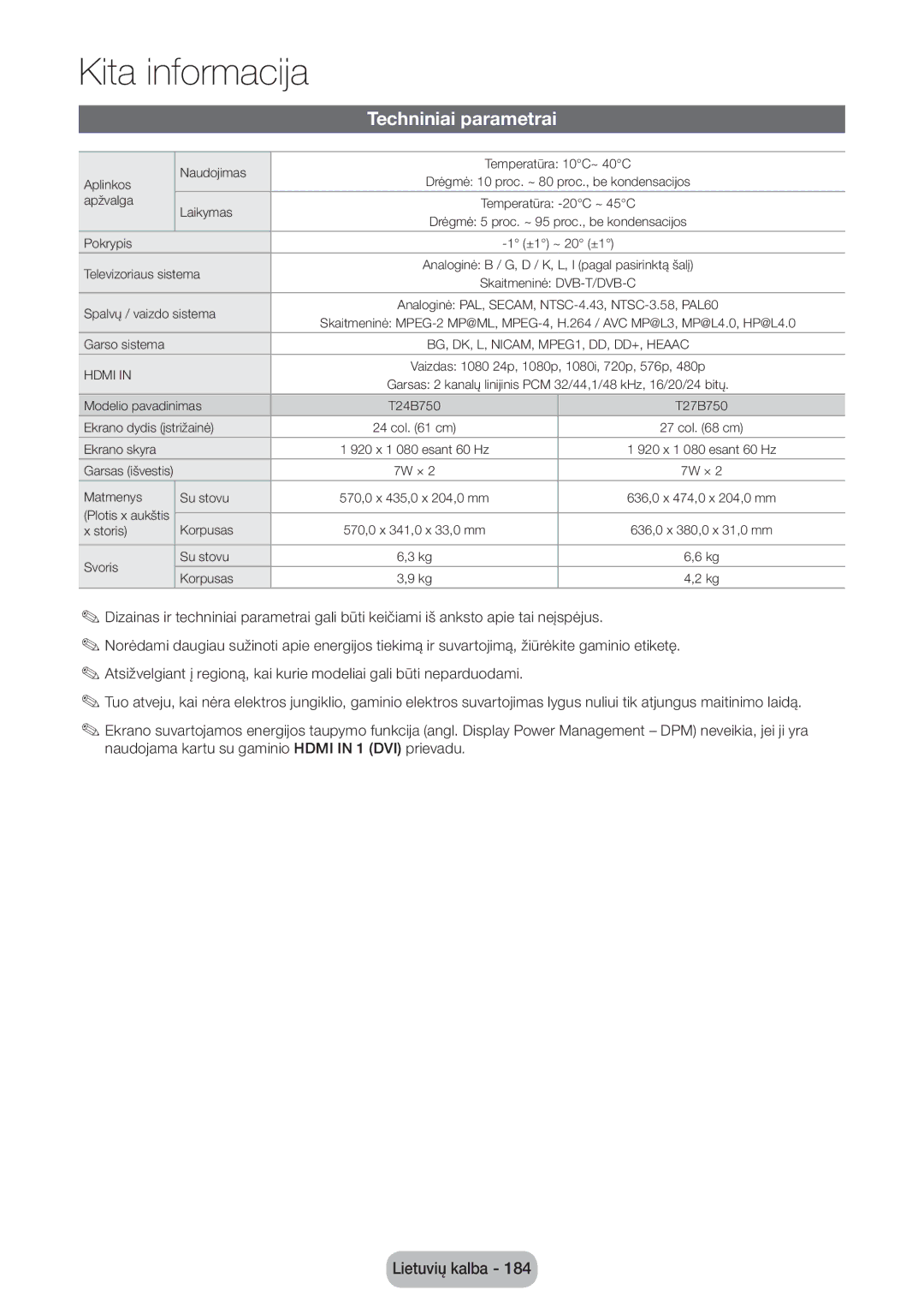 Samsung LT27B750EW/EN manual Techniniai parametrai, Spalvų / vaizdo sistema 