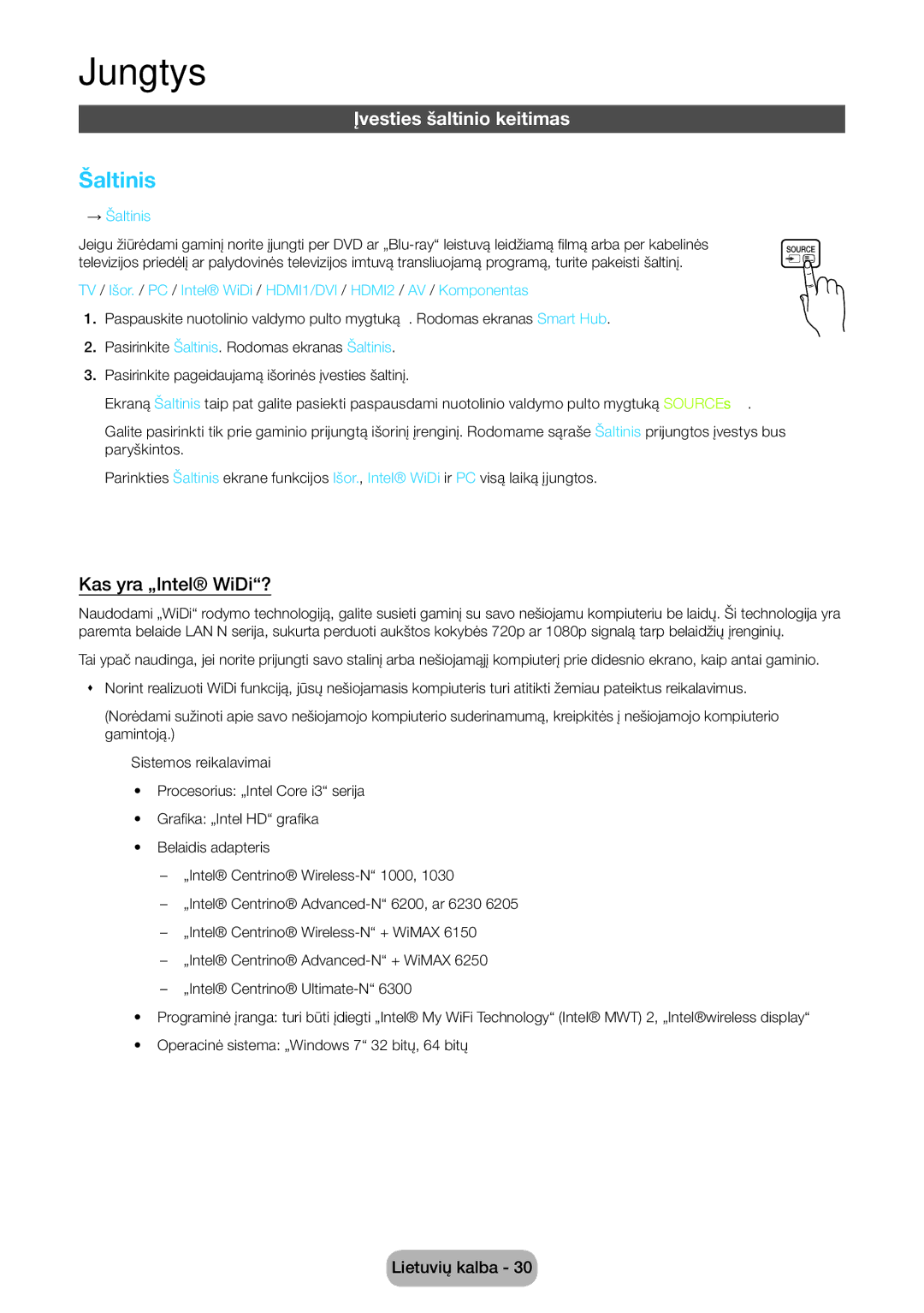 Samsung LT27B750EW/EN manual Įvesties šaltinio keitimas, Kas yra „Intel WiDi?, → Šaltinis 