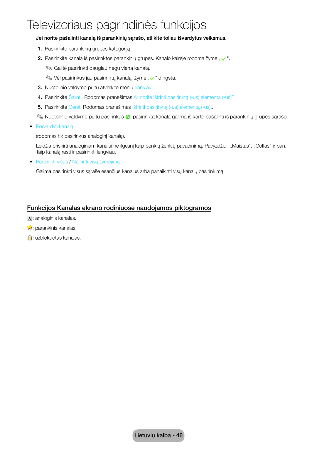Samsung LT27B750EW/EN manual Funkcijos Kanalas ekrano rodiniuose naudojamos piktogramos, Pervardyti kanalą 