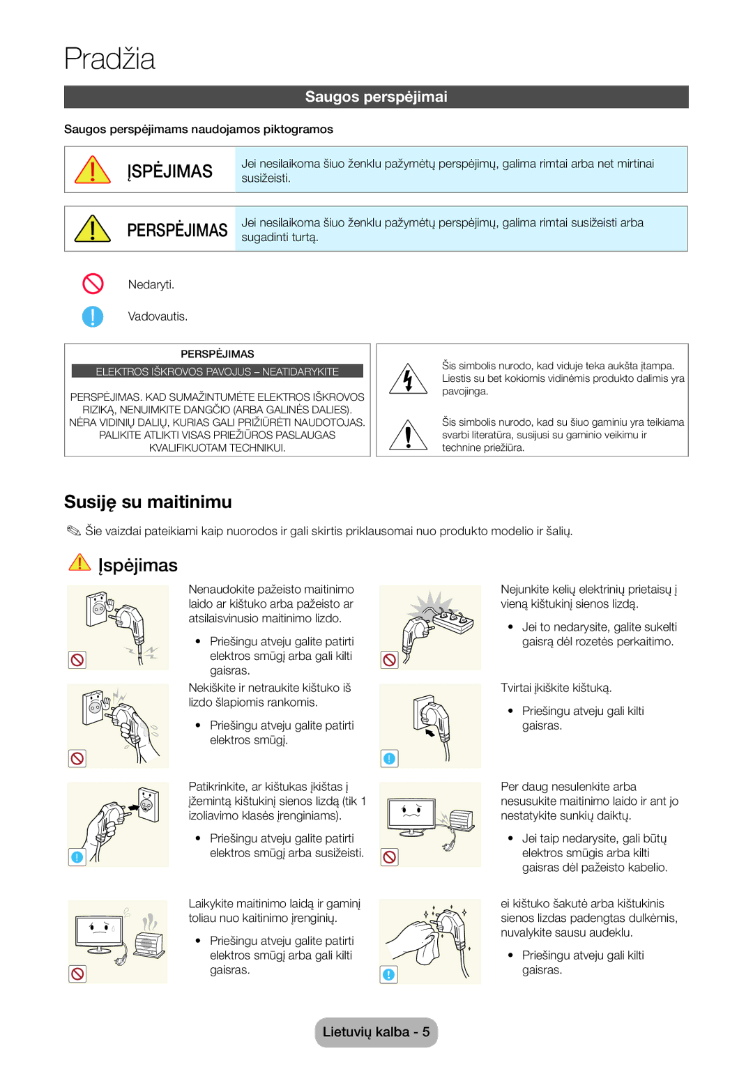 Samsung LT27B750EW/EN manual Pradžia, Saugos perspėjimai 