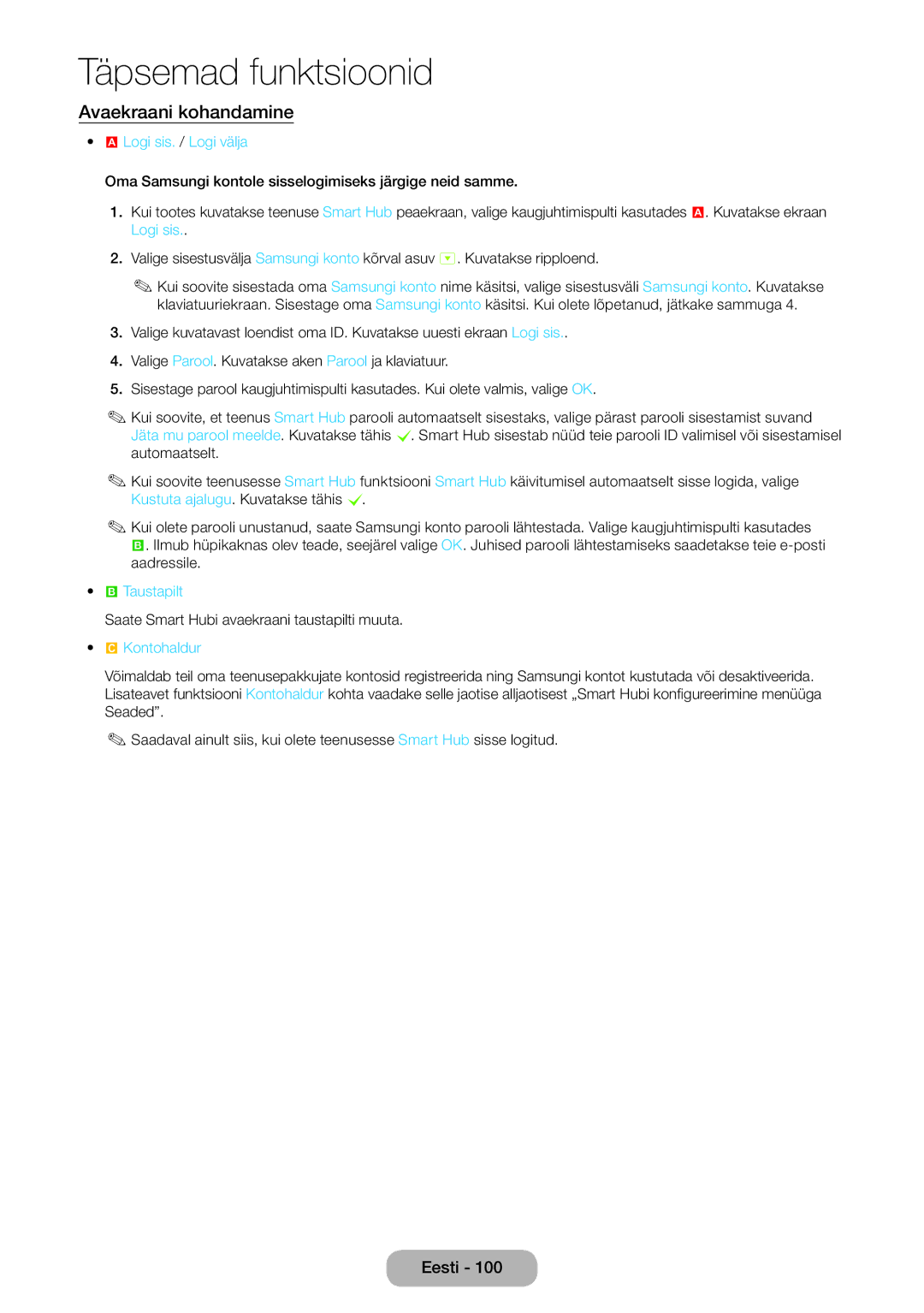 Samsung LT27B750EW/EN manual Avaekraani kohandamine, Logi sis. / Logi välja, Taustapilt, Kontohaldur 