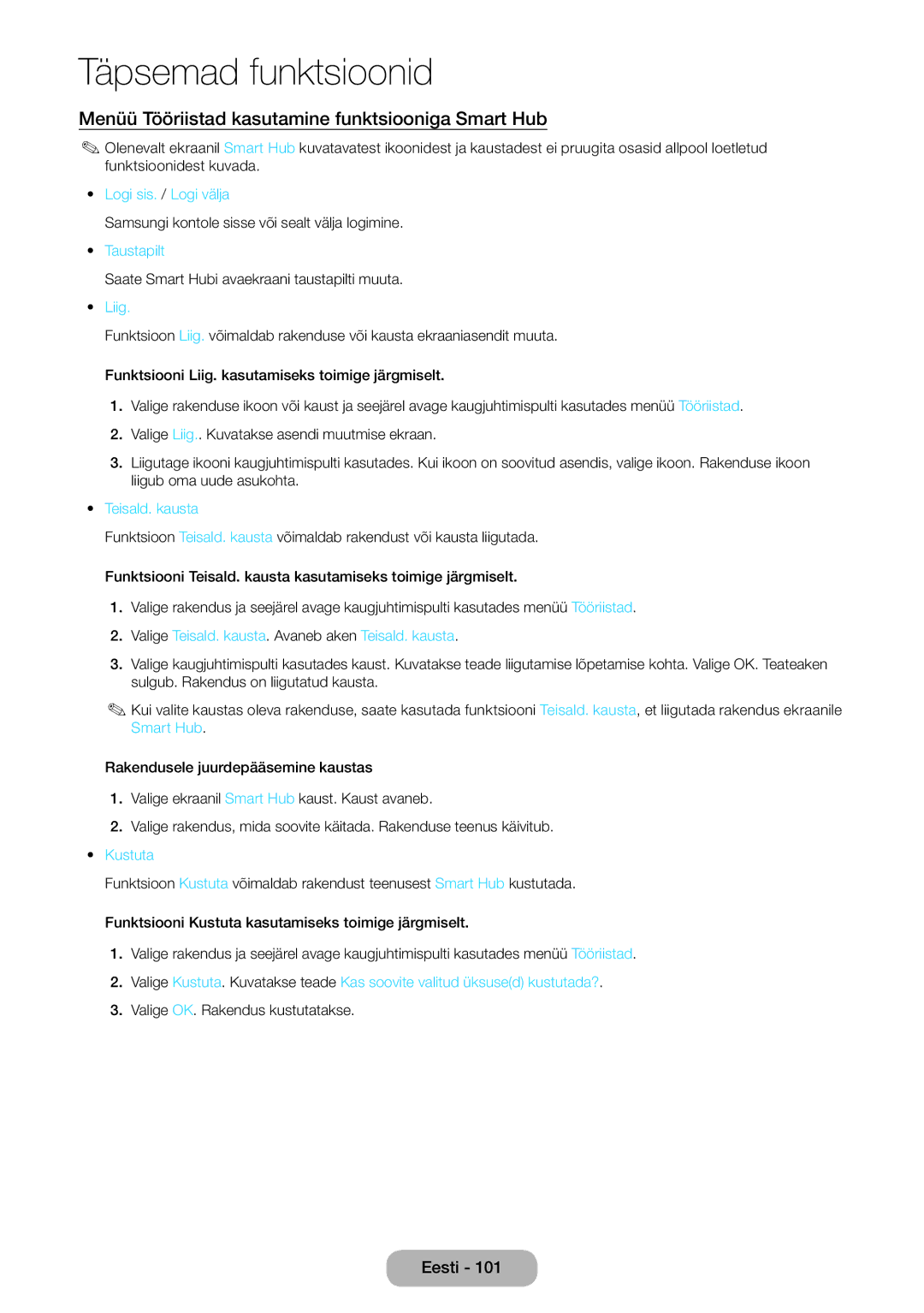 Samsung LT27B750EW/EN manual Menüü Tööriistad kasutamine funktsiooniga Smart Hub, Liig, Teisald. kausta 
