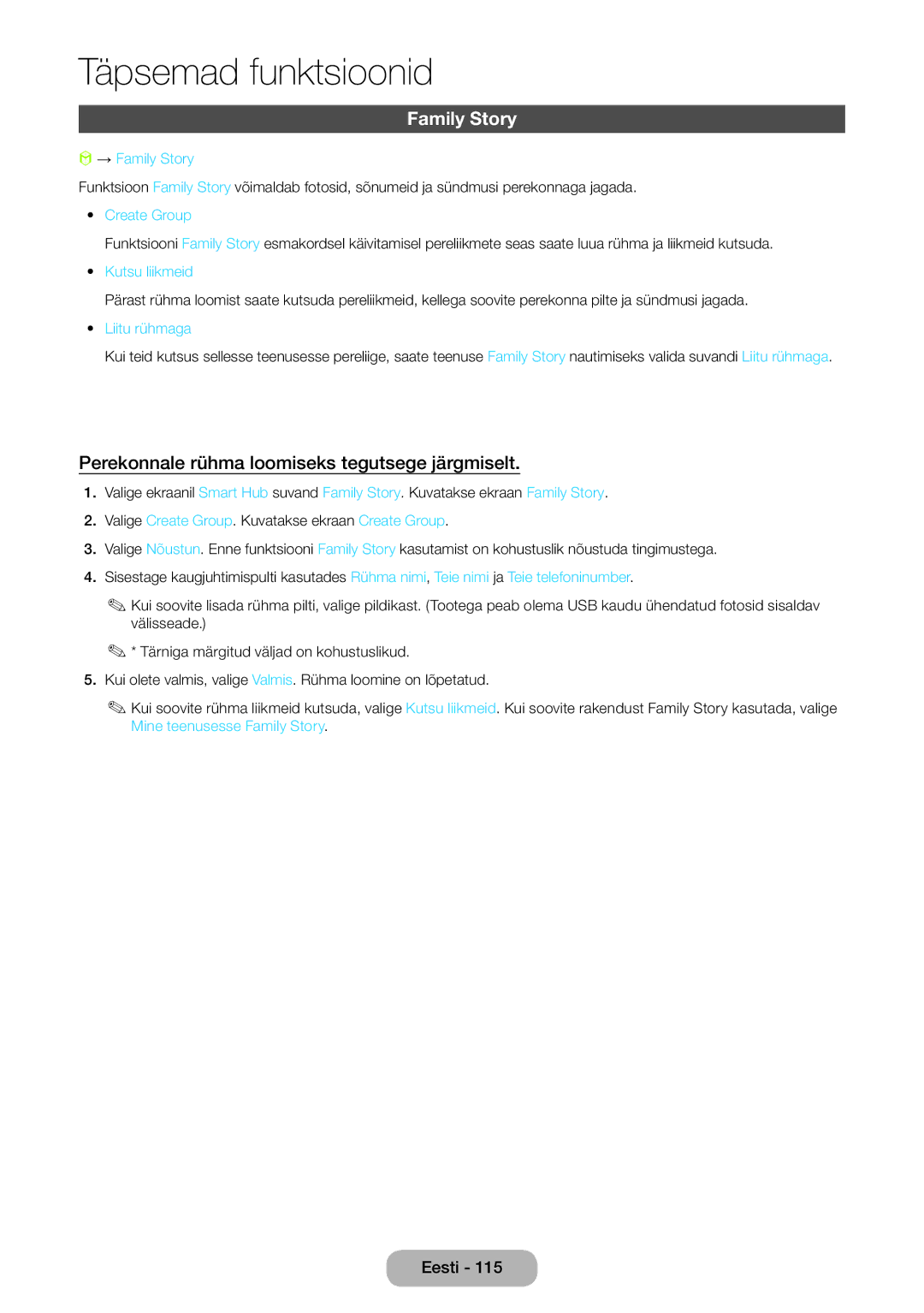 Samsung LT27B750EW/EN manual Family Story, Perekonnale rühma loomiseks tegutsege järgmiselt 