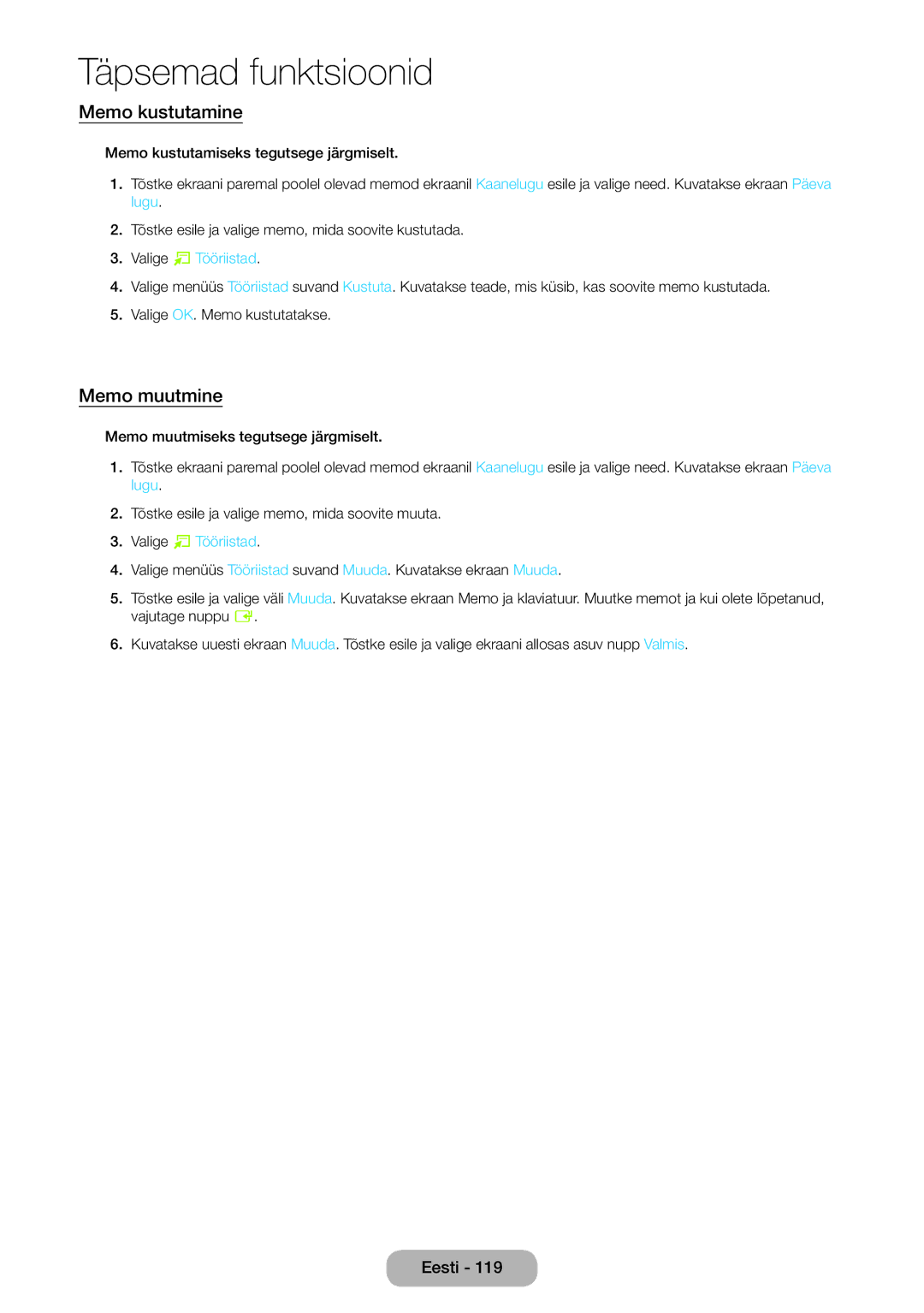 Samsung LT27B750EW/EN manual Memo kustutamine, Memo muutmine 