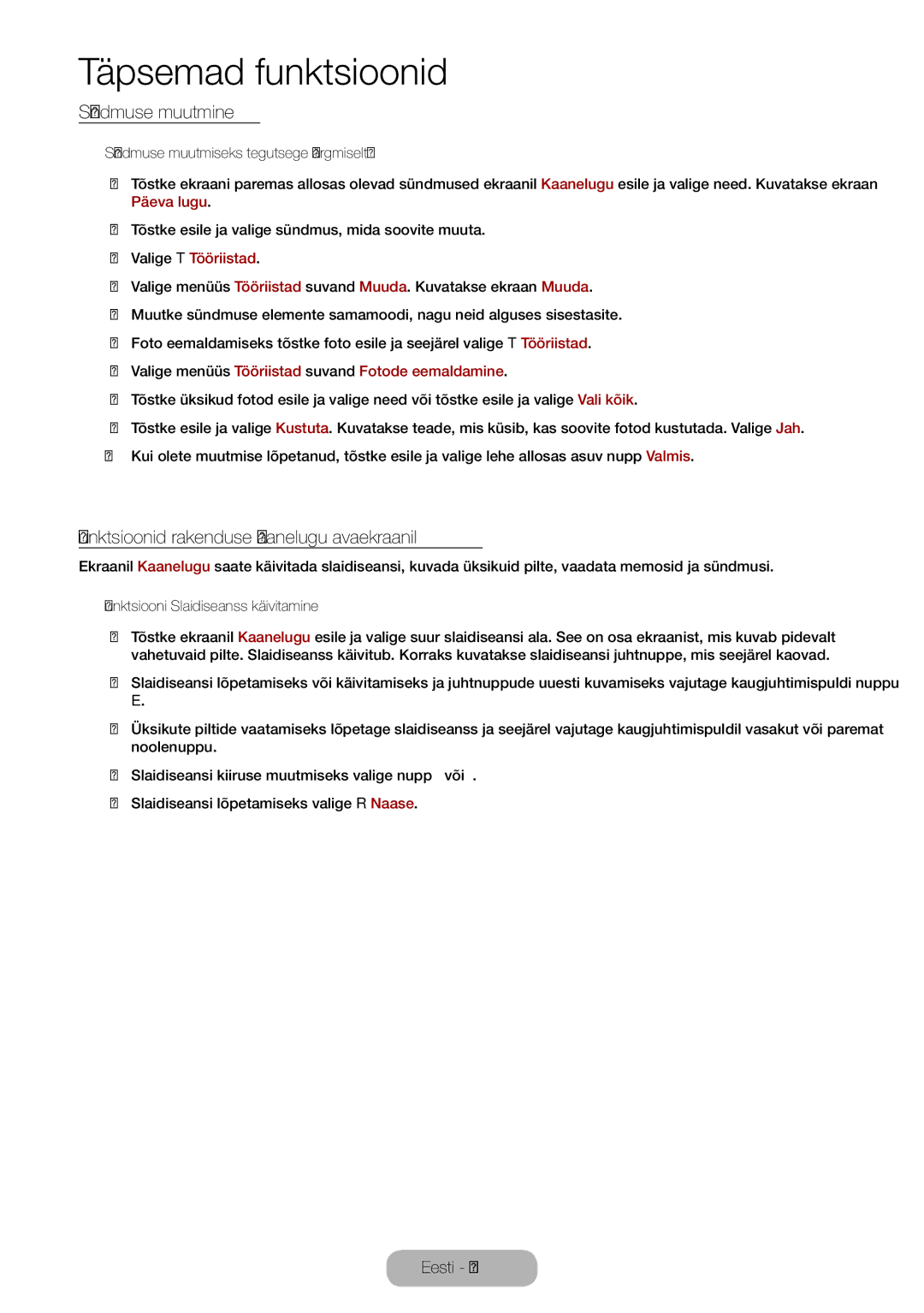 Samsung LT27B750EW/EN manual Sündmuse muutmine, Funktsioonid rakenduse Kaanelugu avaekraanil 