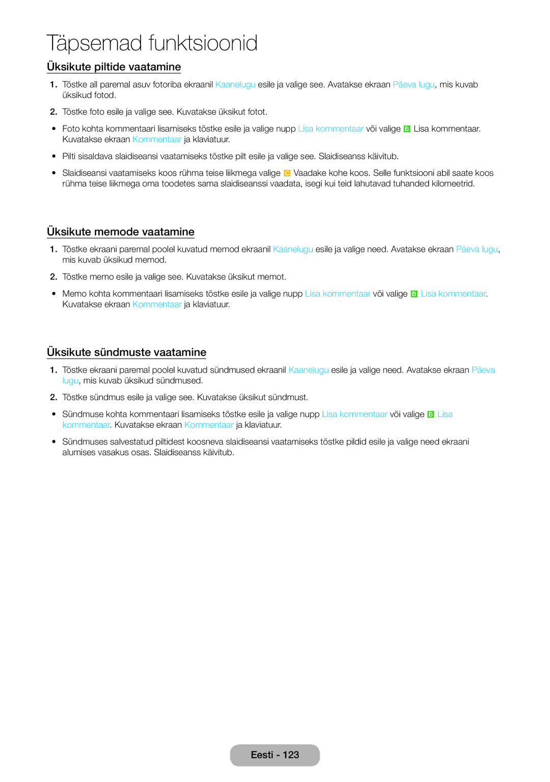 Samsung LT27B750EW/EN manual Üksikute piltide vaatamine, Üksikute memode vaatamine, Üksikute sündmuste vaatamine 