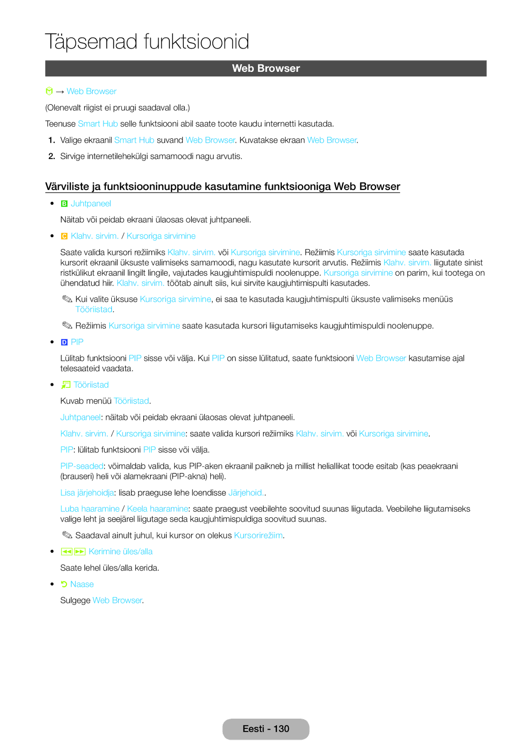 Samsung LT27B750EW/EN manual → Web Browser, Juhtpaneel, Klahv. sirvim. / Kursoriga sirvimine, Naase Sulgege Web Browser 