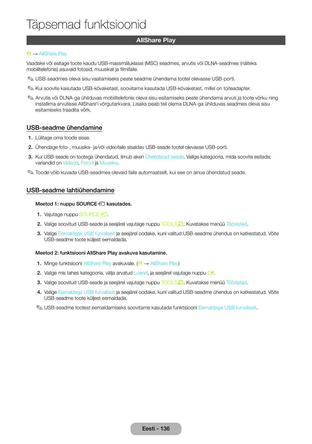 Samsung LT27B750EW/EN manual USB-seadme ühendamine, USB-seadme lahtiühendamine, → AllShare Play 