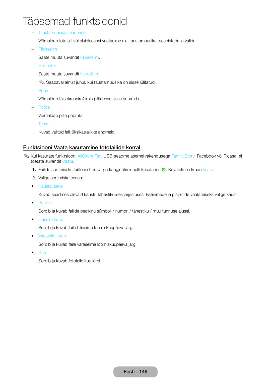 Samsung LT27B750EW/EN manual Funktsiooni Vaata kasutamine fotofailide korral, Taustamuusika seadmine, Pööra 