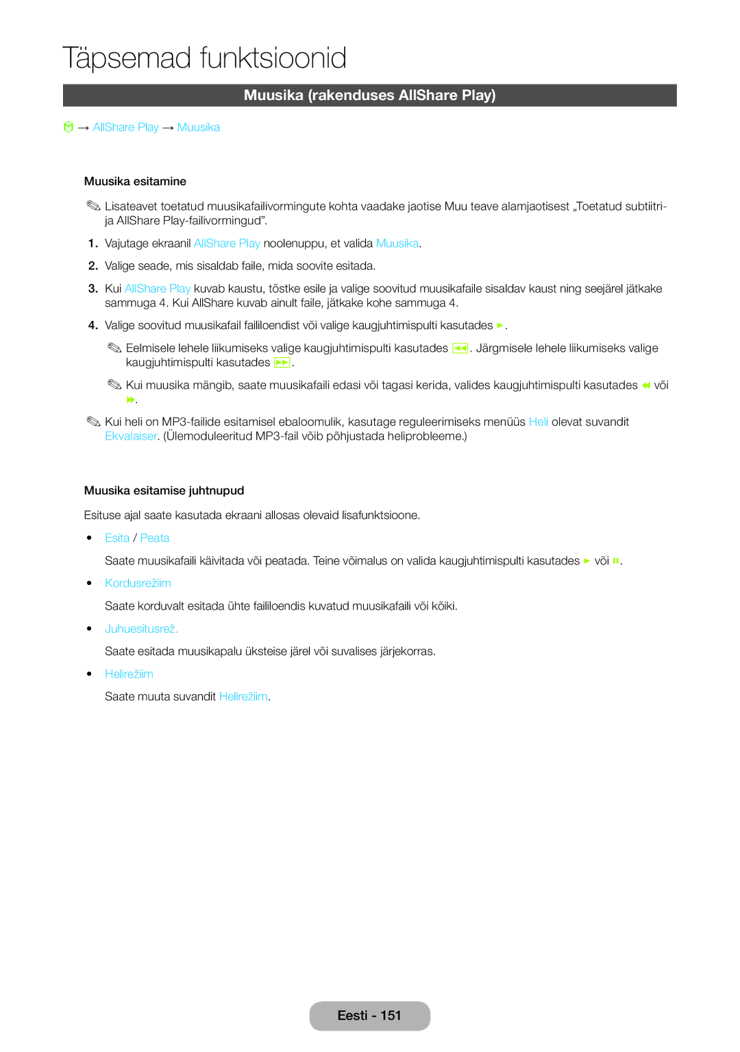 Samsung LT27B750EW/EN manual Muusika rakenduses AllShare Play, → AllShare Play → Muusika, Esita / Peata, Juhuesitusrež 