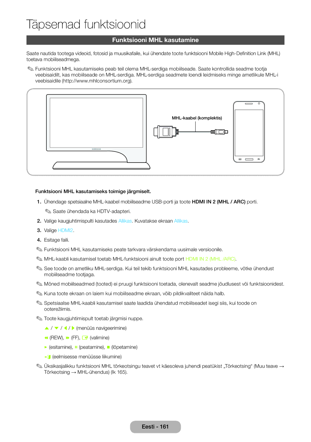 Samsung LT27B750EW/EN manual Funktsiooni MHL kasutamine 