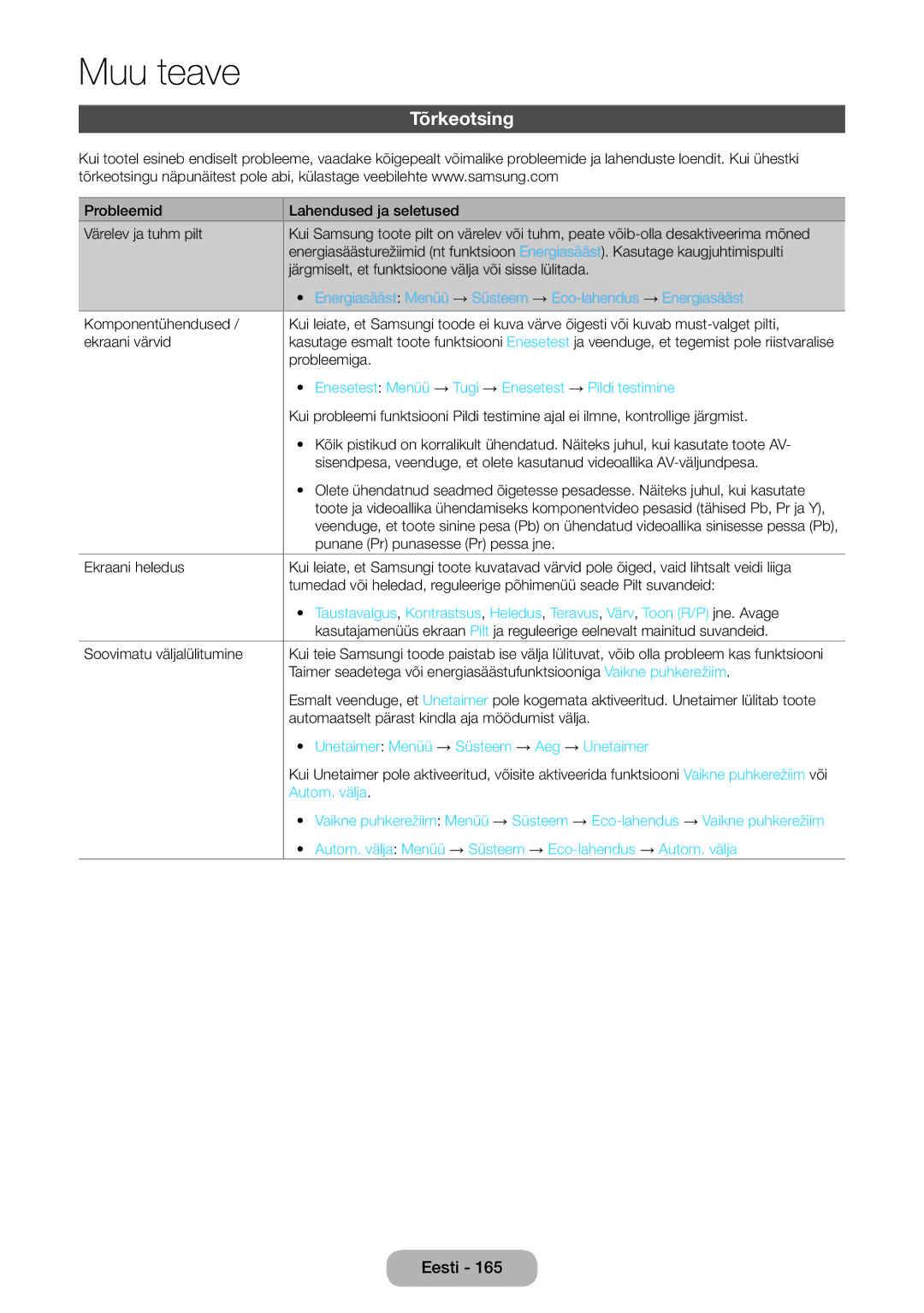 Samsung LT27B750EW/EN manual Tõrkeotsing, Energiasääst Menüü → Süsteem → Eco-lahendus → Energiasääst 