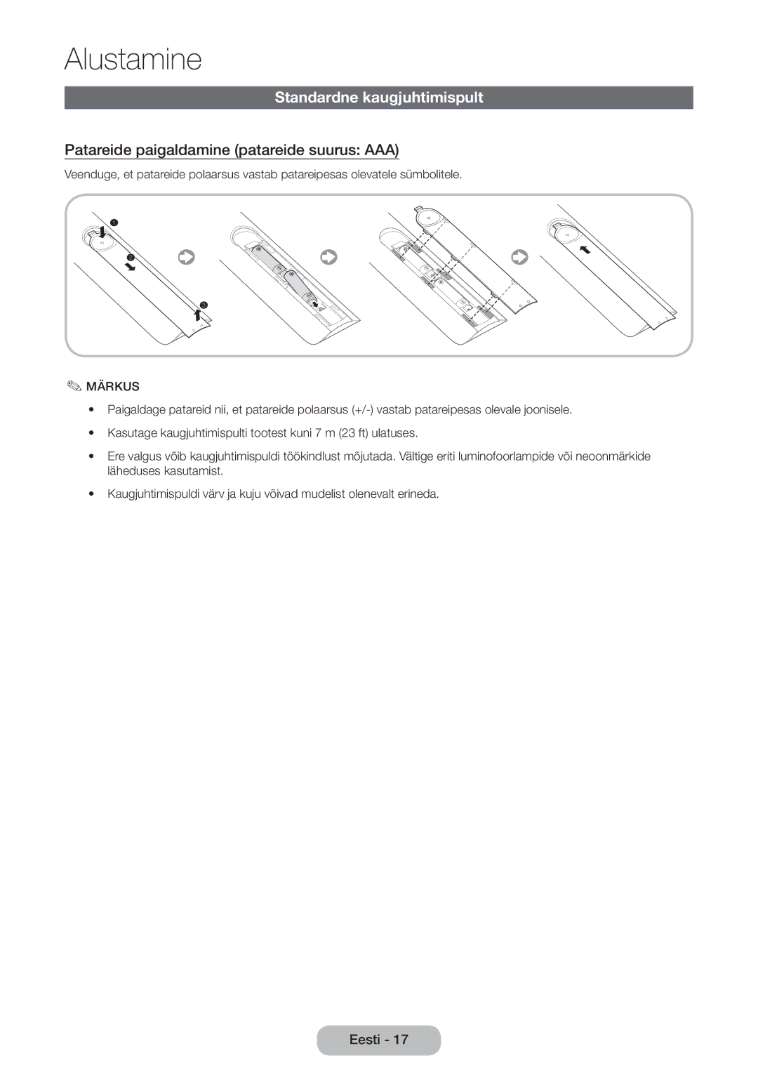 Samsung LT27B750EW/EN manual Standardne kaugjuhtimispult, Patareide paigaldamine patareide suurus AAA 