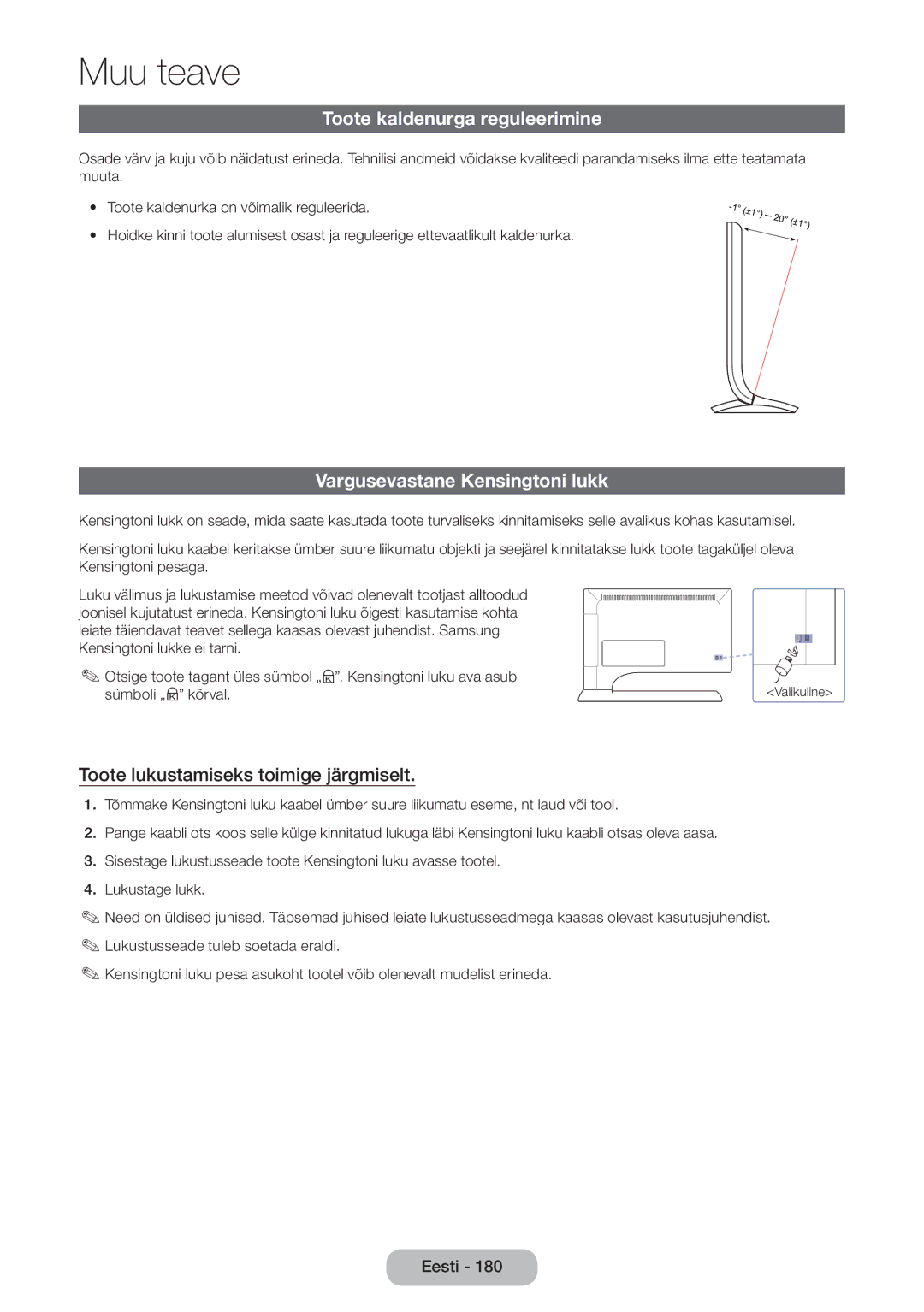 Samsung LT27B750EW/EN manual Toote kaldenurga reguleerimine, Vargusevastane Kensingtoni lukk 