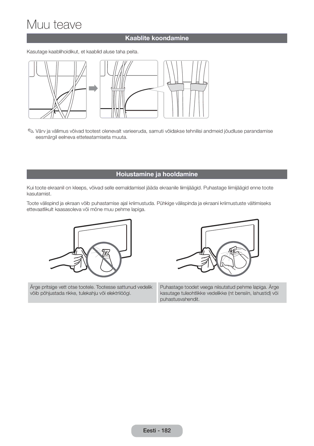 Samsung LT27B750EW/EN manual Kaablite koondamine, Hoiustamine ja hooldamine 